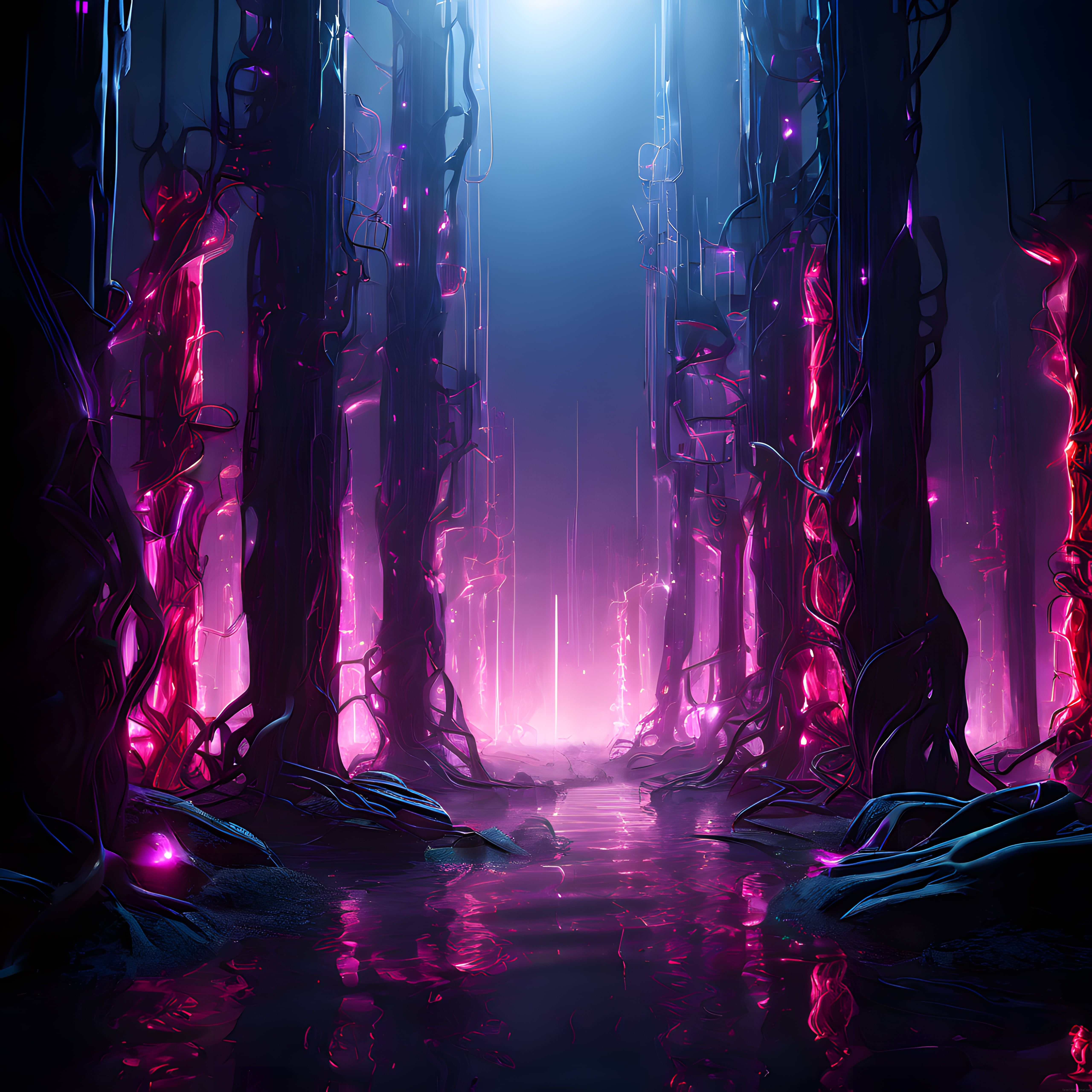 Neon pembe ışıklı karanlık bir orman yolu ve ıslak zeminde yansımalar