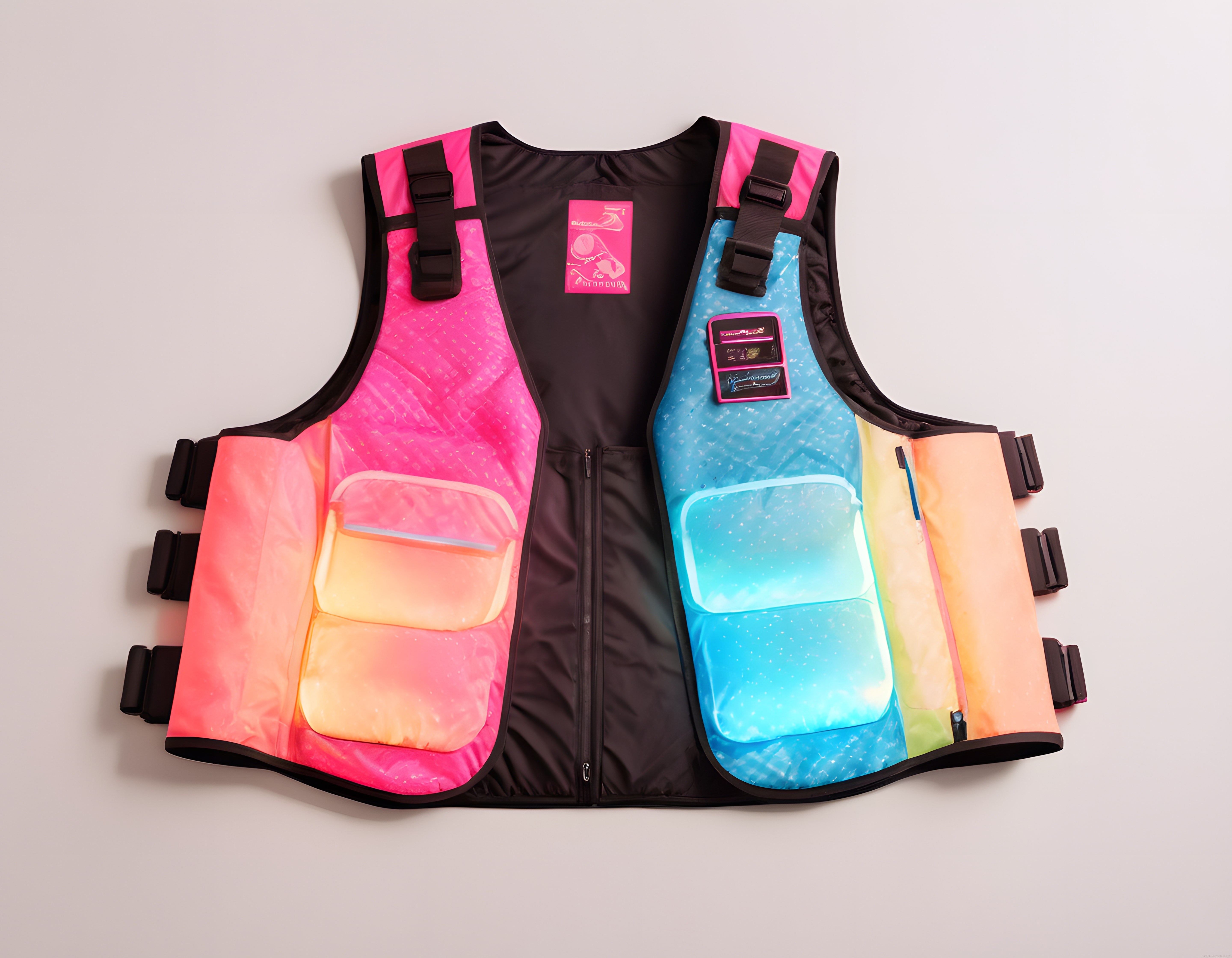 Neon Pembe Mavi Çok Cepli Taktiksel Yelek ve Streetwear Tarzı Detaylar