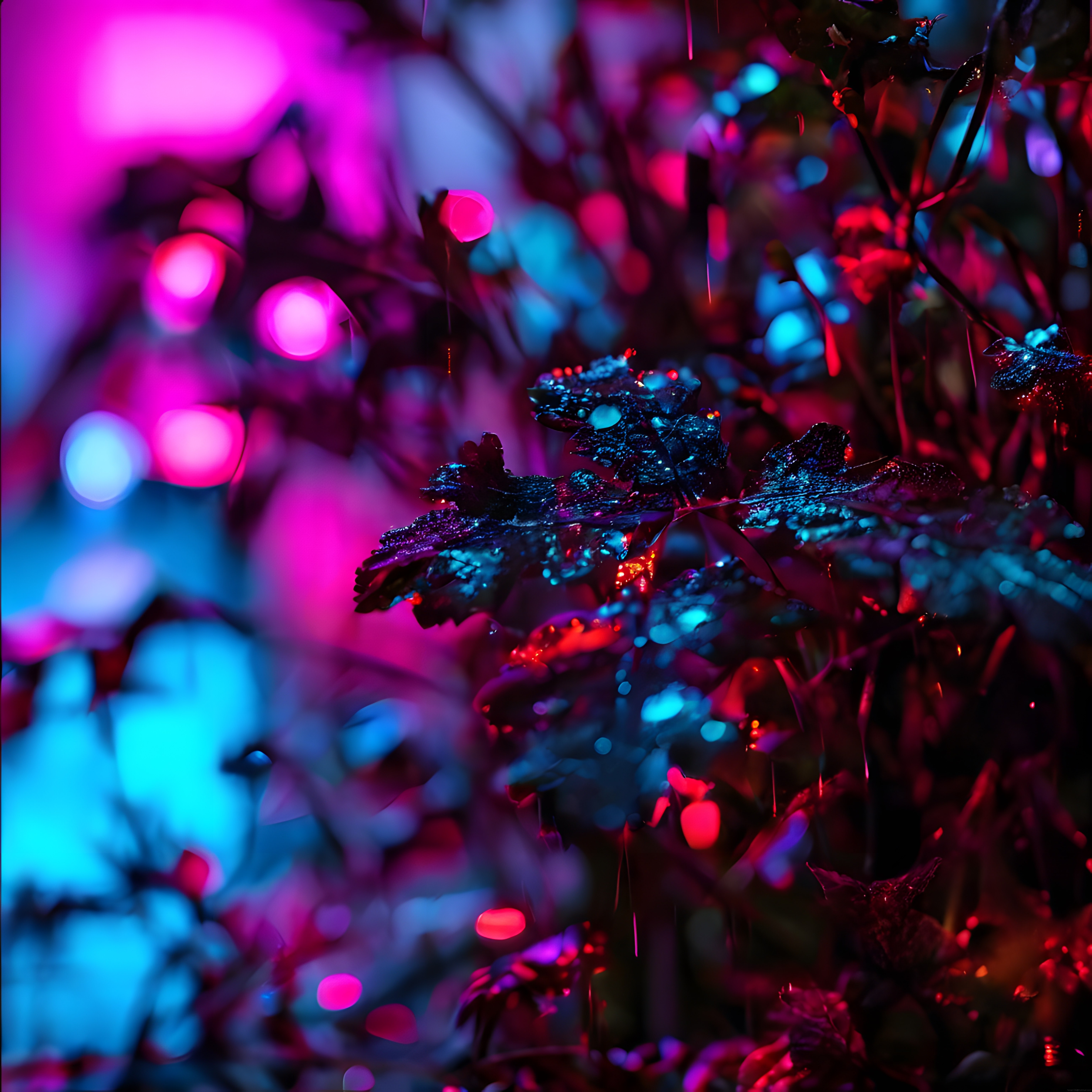 Neon Pembe ve Maviden Doğan Efsanevi Orman Atmosferi ve Makro Bitki Detayları