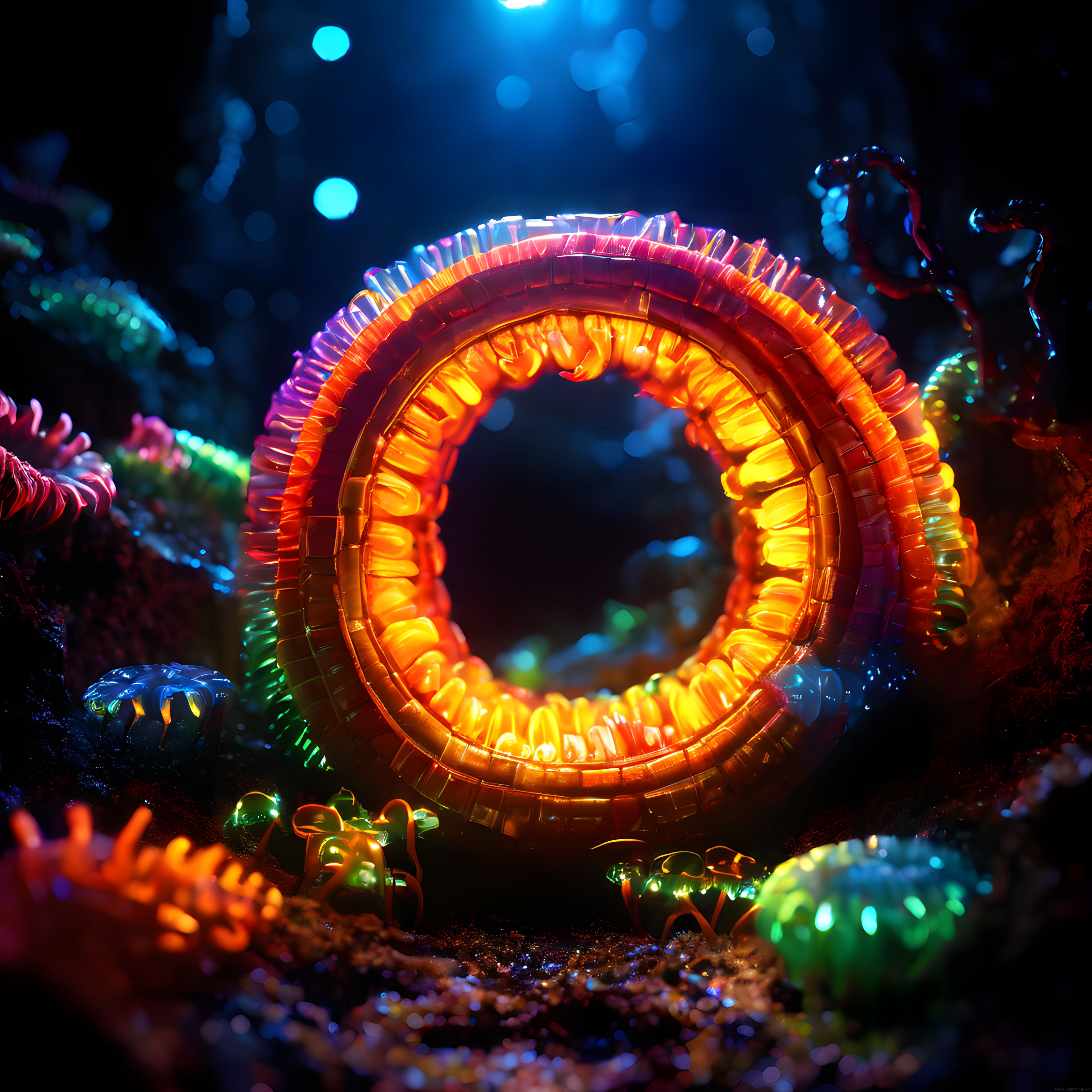 Neon Portal ve Organik Yapıların Büyüleyici 3D Dijital Sanat Ortamı