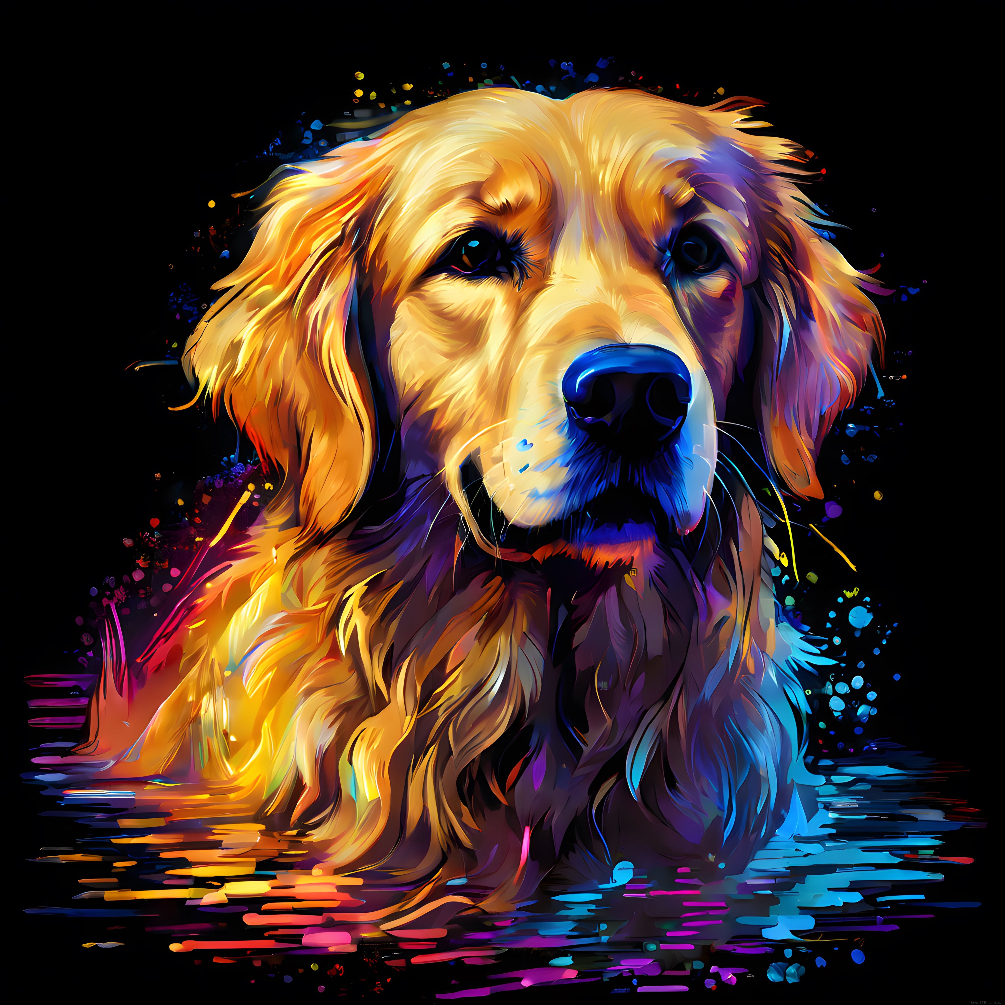 Neon Renkler ve Dijital Fırça Darbeleriyle Canlanan Golden Retriever Portresi
