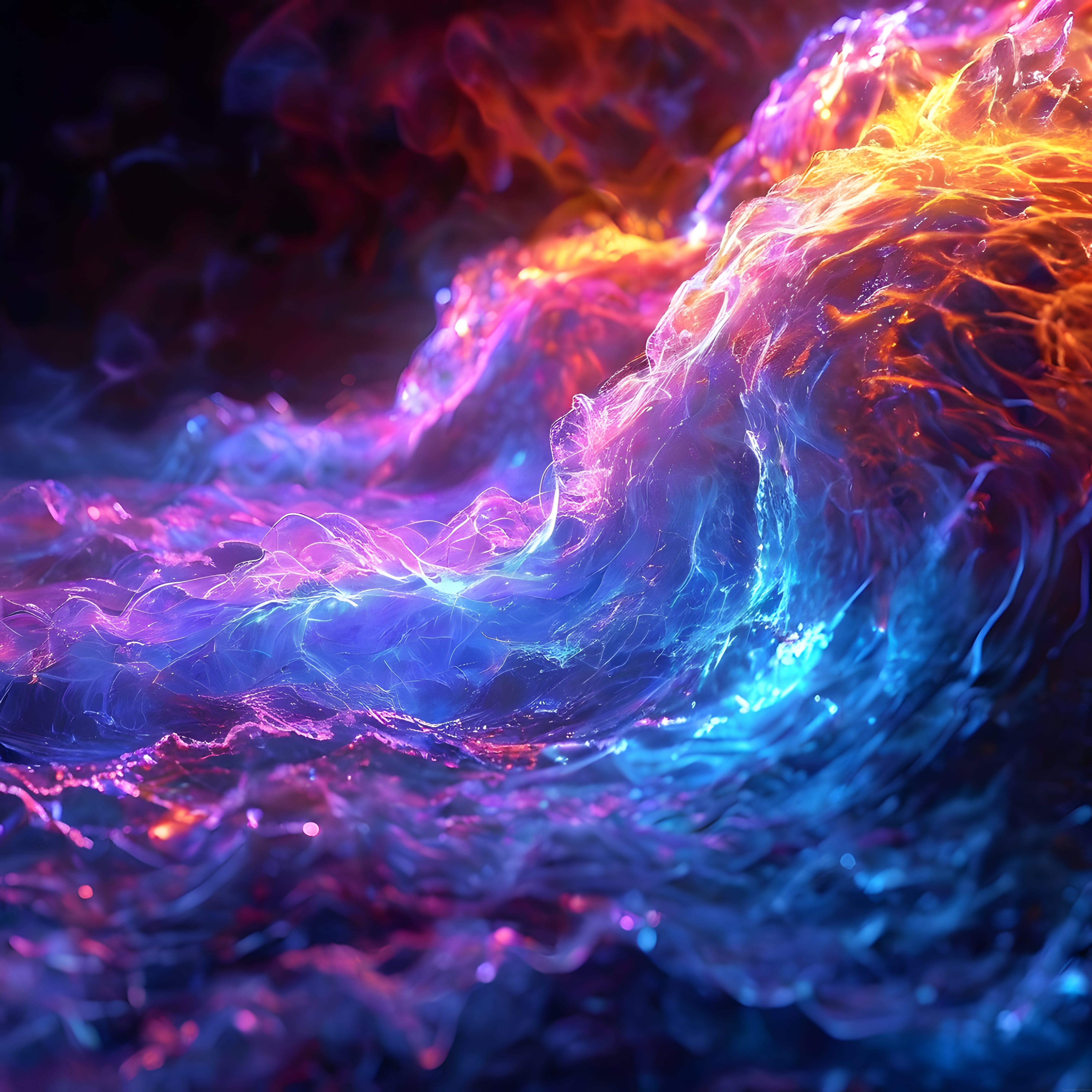 Neon Renklerde Dans Eden Dijital Enerji Dalgaları ve Soyut Işık Partikülleri