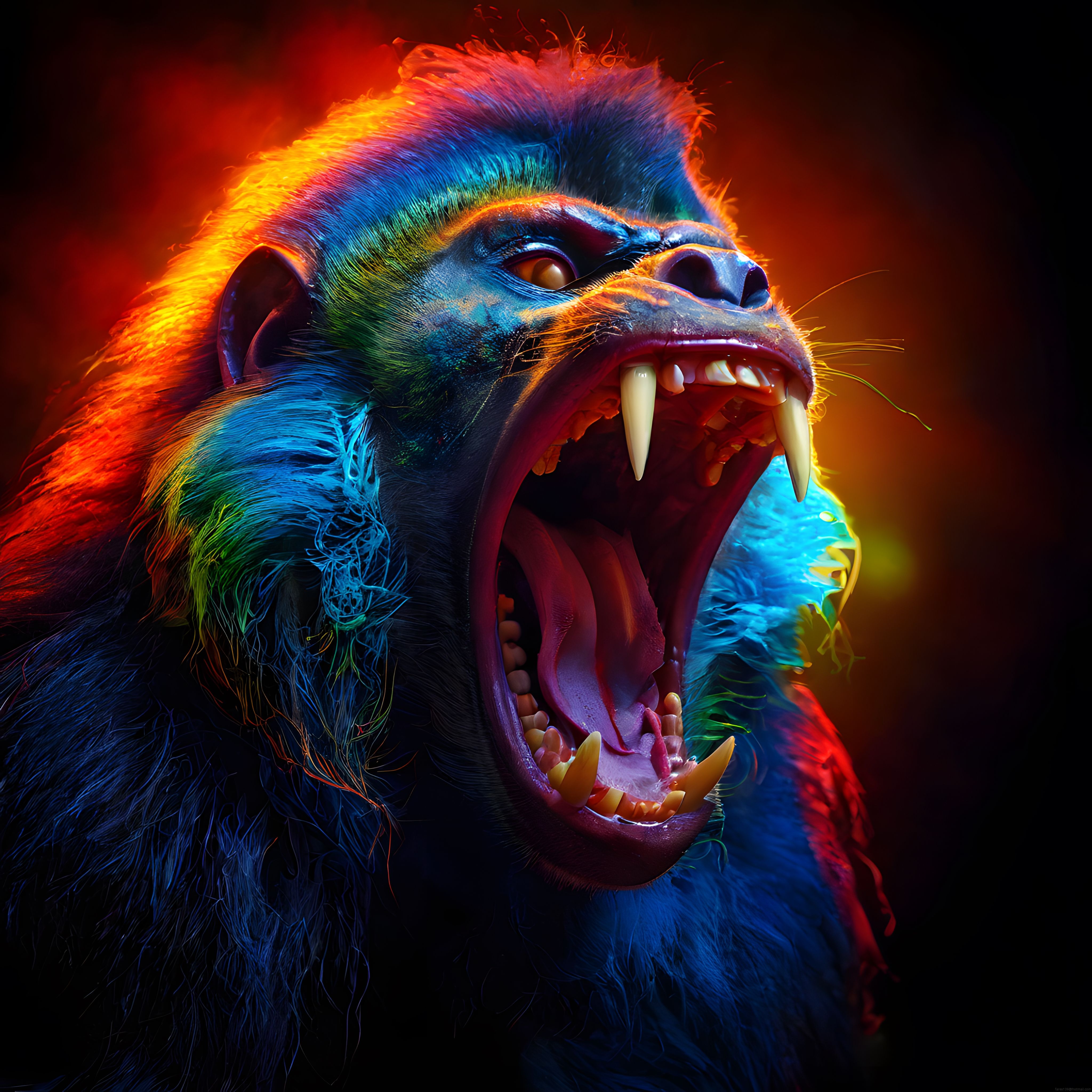 Neon Renklerde Dişleriyle Kükreyen Vahşi Gorilin Dijital Sanat Portresi