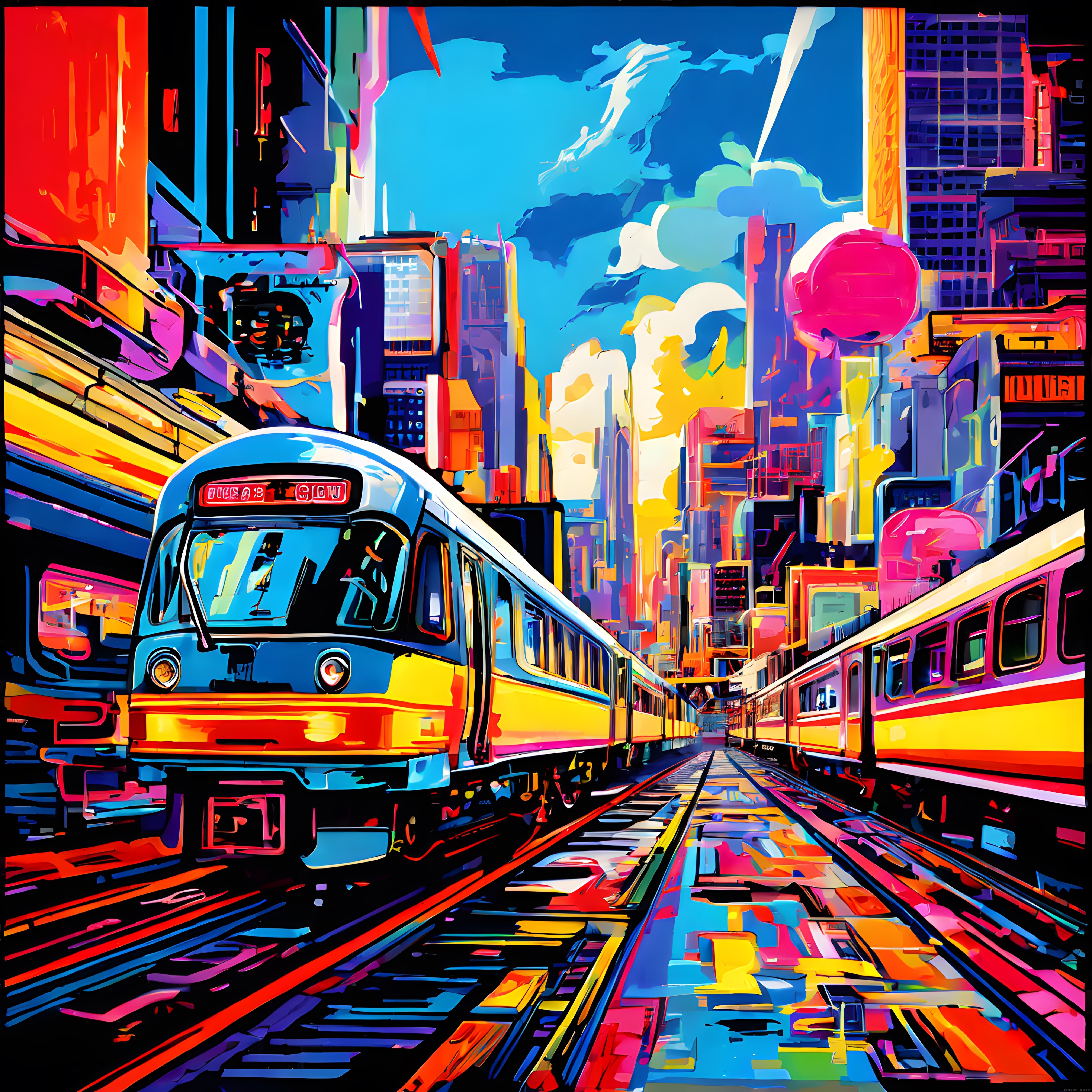 Neon Renklerde Geleceğin Şehir Treni ve Pop Art Tarzında Dijital Sanat Eseri