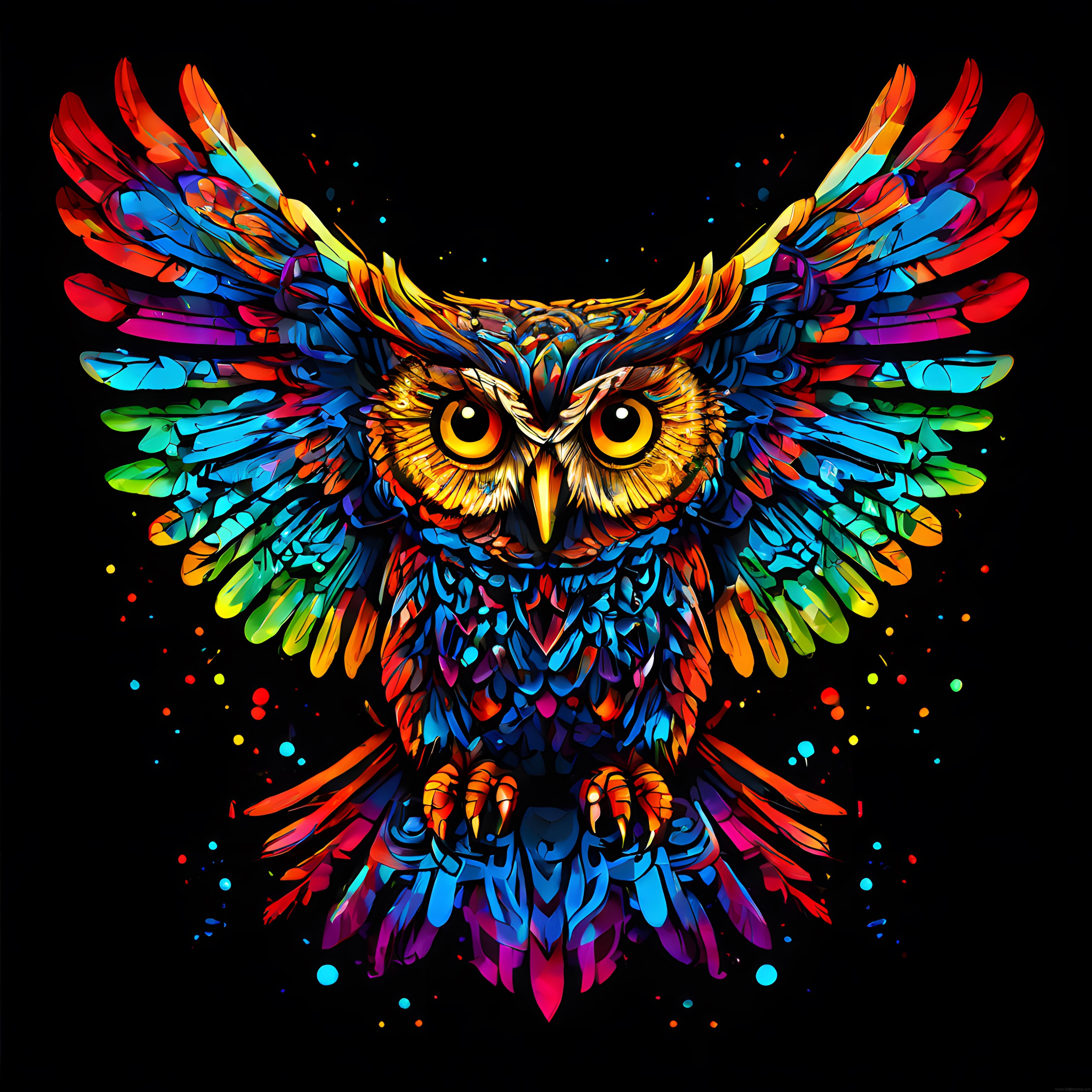 Neon Renklerde Kanatlarını Açmış Gizemli Baykuş Dijital Sanat Eseri