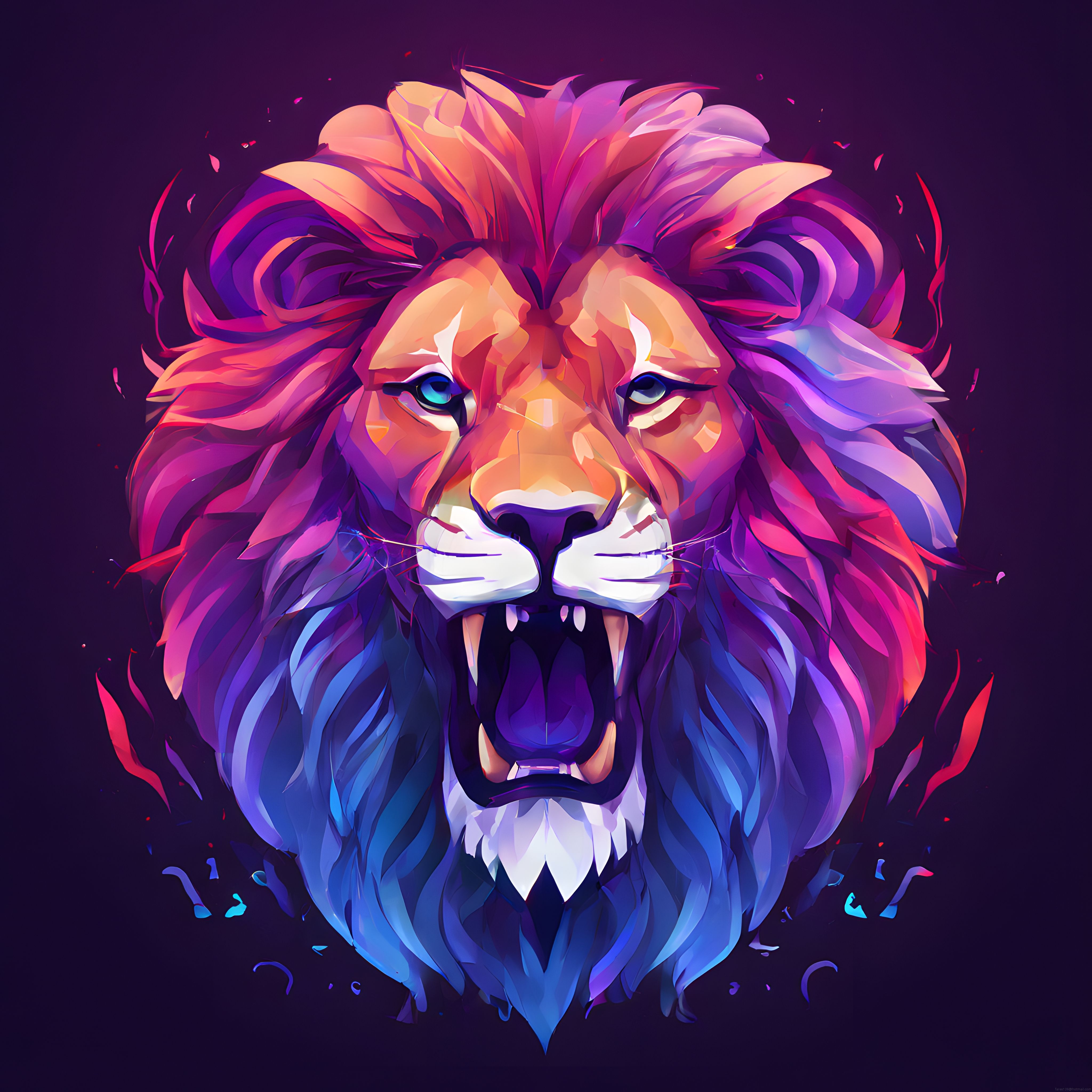 Neon Renklerde Kükreyen Aslan Başlı Büyüleyici Dijital Sanat İllüstrasyonu