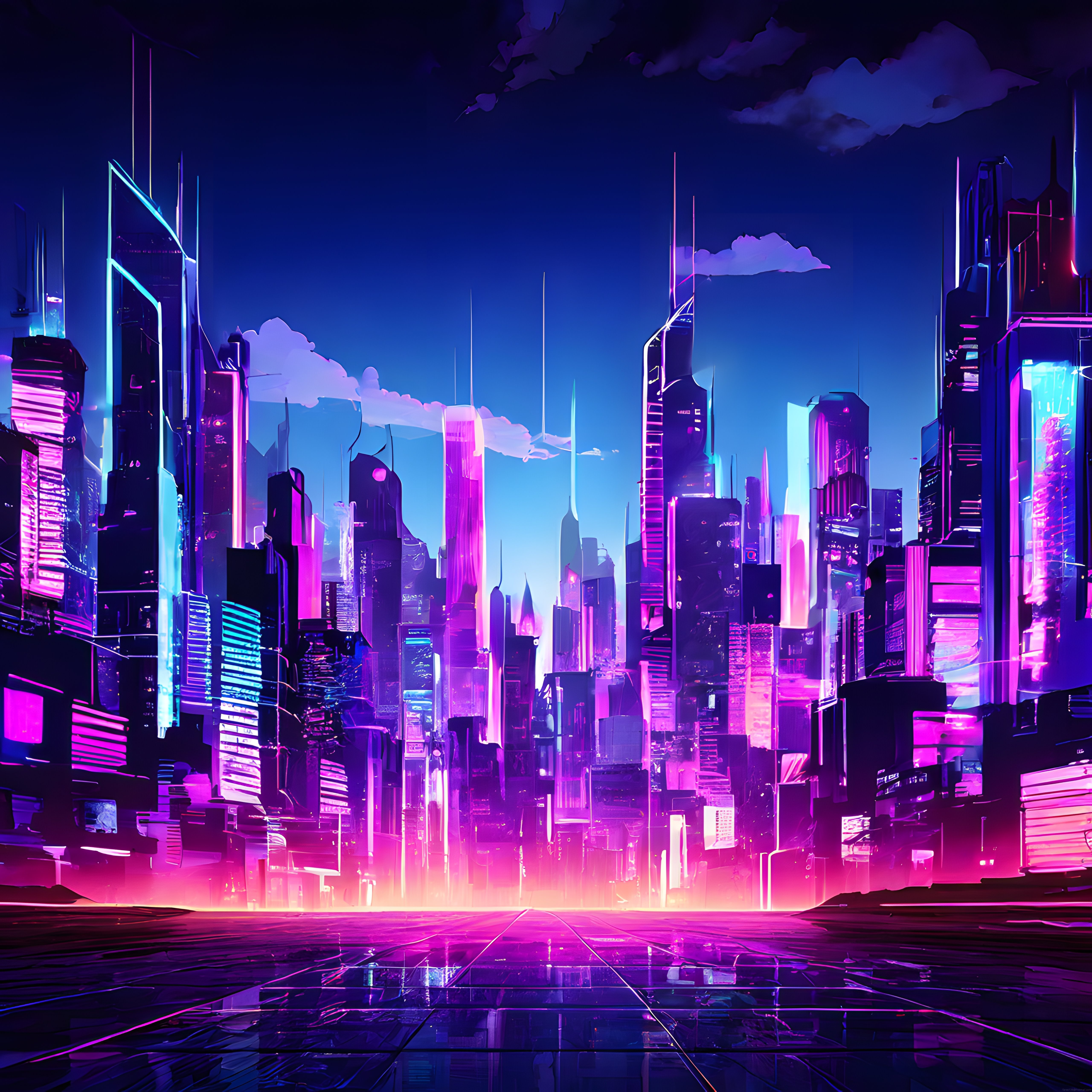 Neon Renklerde Parıldayan Gelecekçi Cyberpunk Şehir Manzarası Dijital Sanat