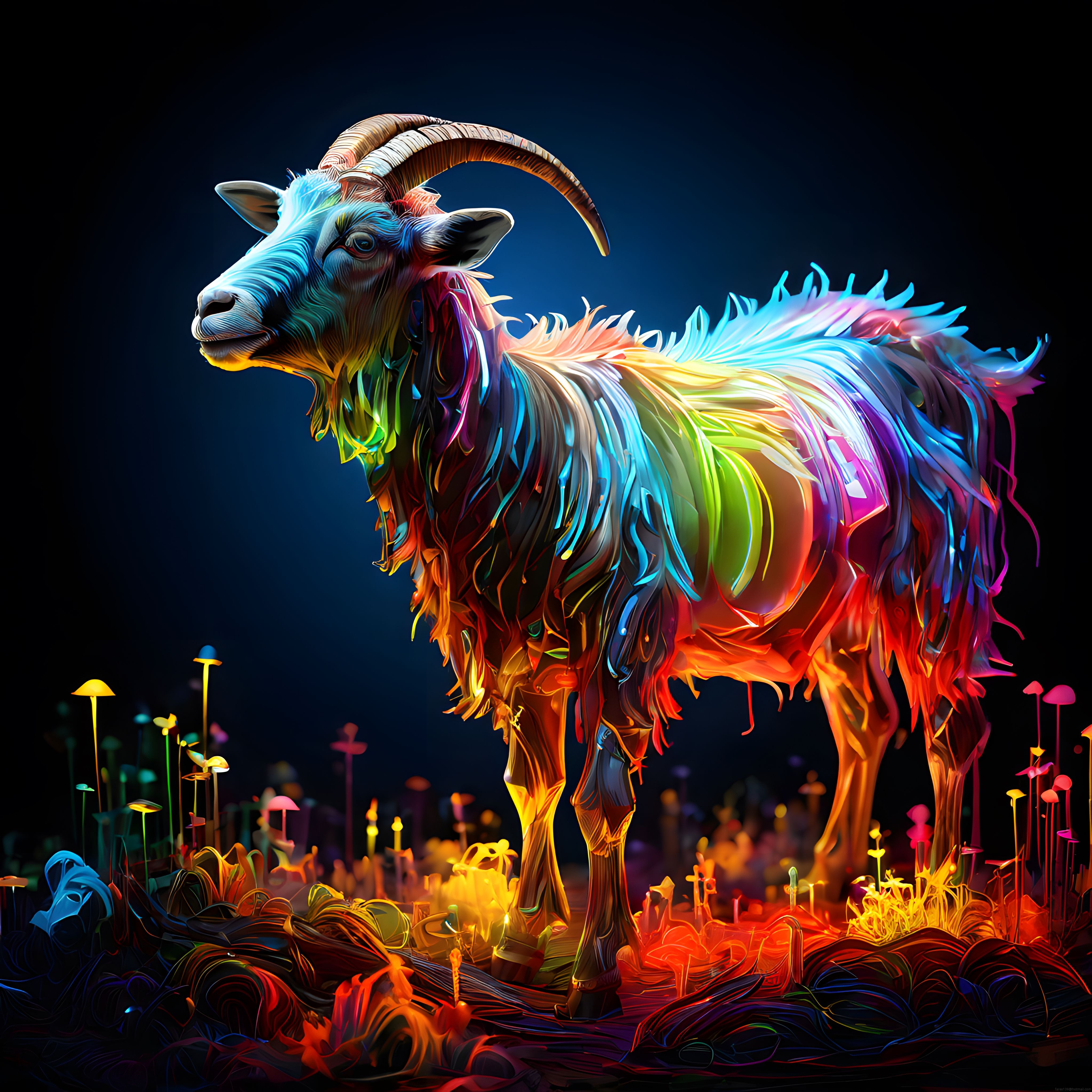 Neon Renklerde Parıldayan Gizemli Keçi Dijital Sanat Çalışması