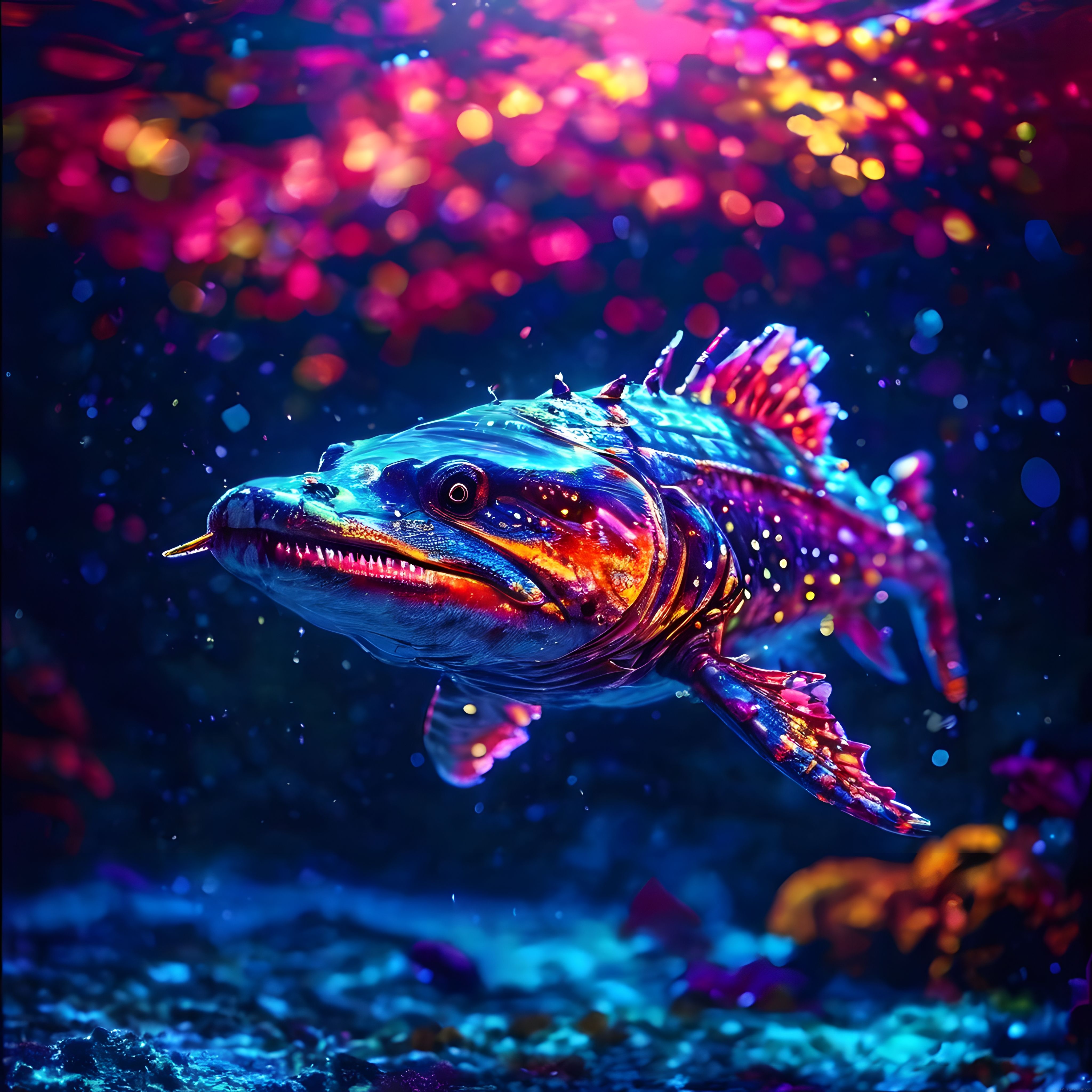 Neon Renklerde Parıldayan Mekanik Balık: Fantastik Dijital Sanat Eseri