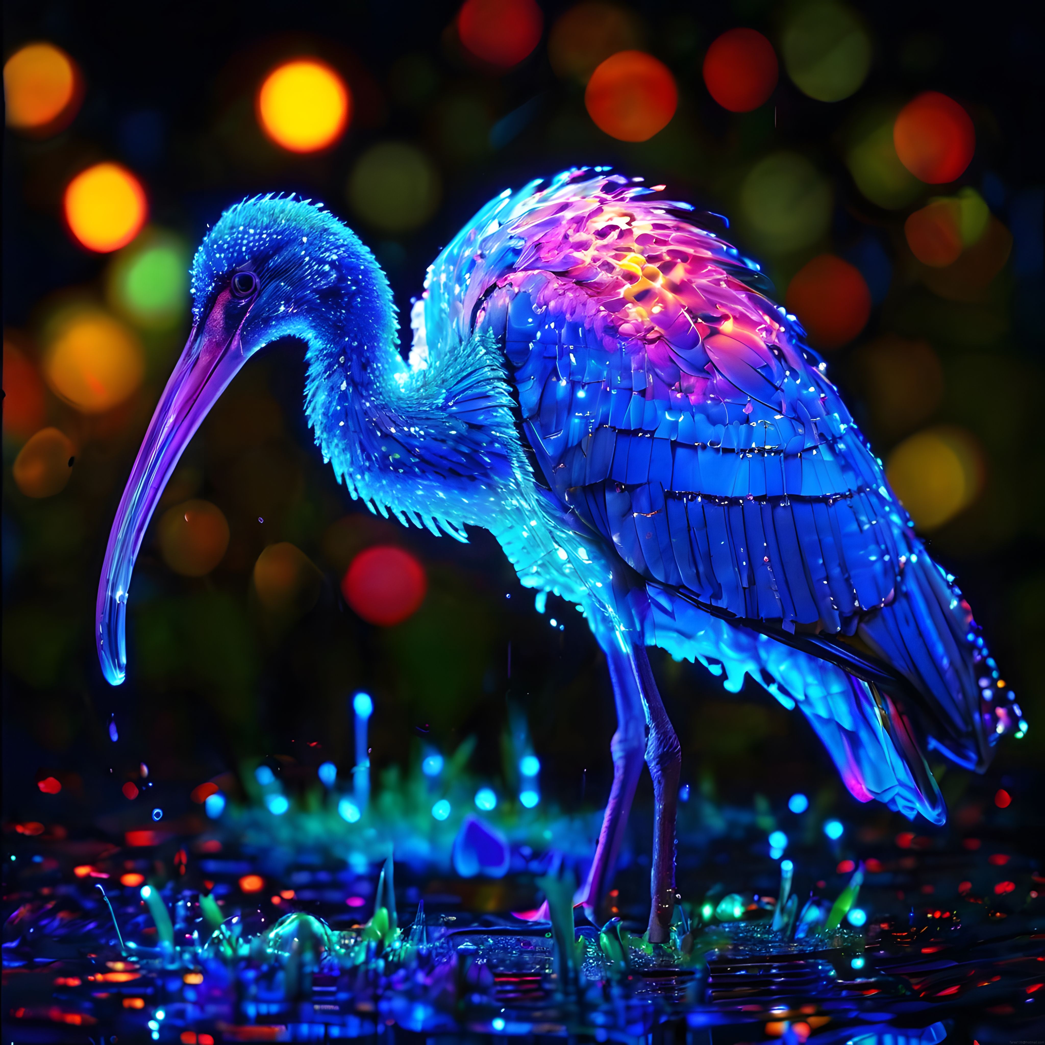 Neon Renklerde Parlayan Dijital Kuş Heykeli ve Işıltılı Bokeh Arka Plan