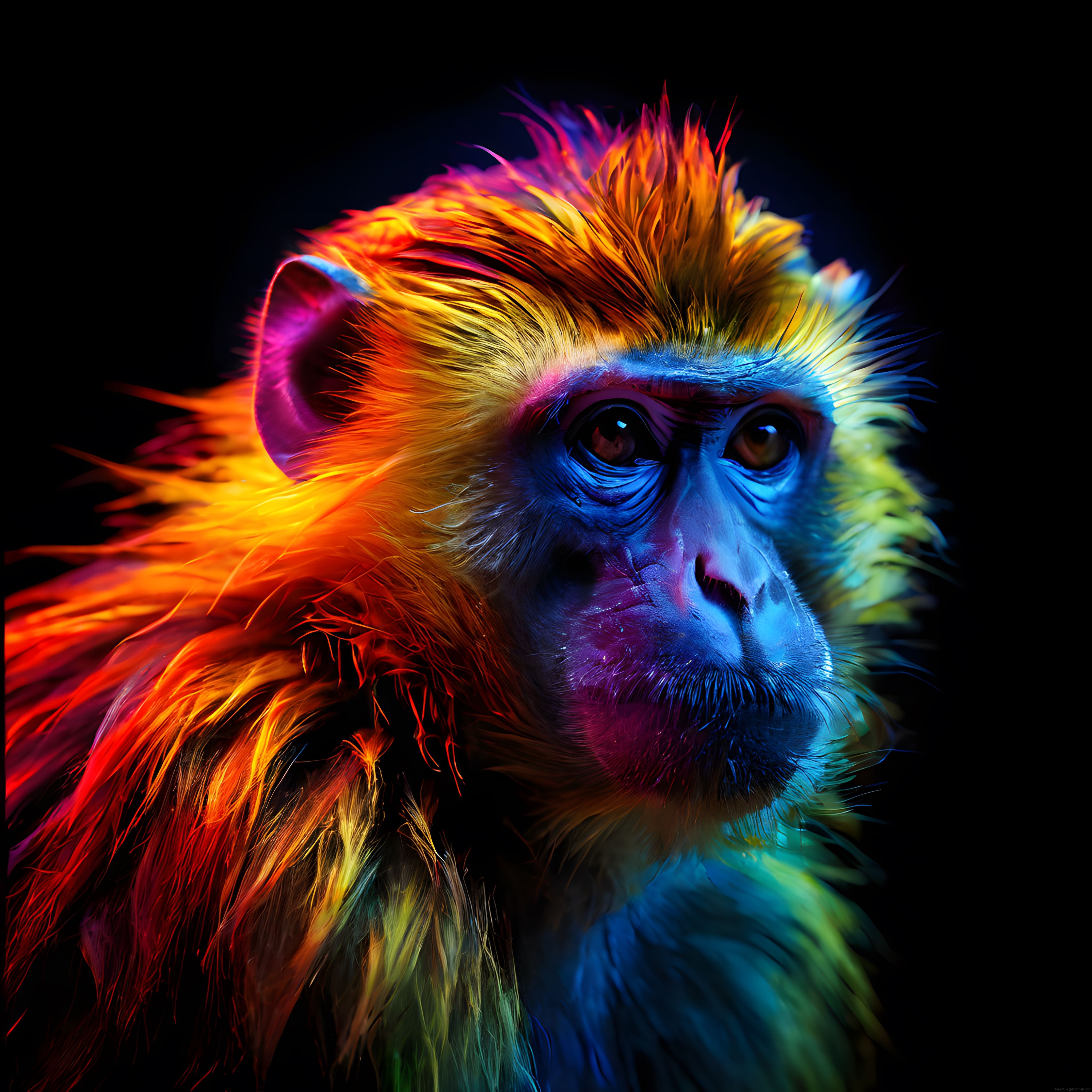 Neon Renklerde Parlayan Gizemli Maymun Portresi Dijital Sanat Çalışması