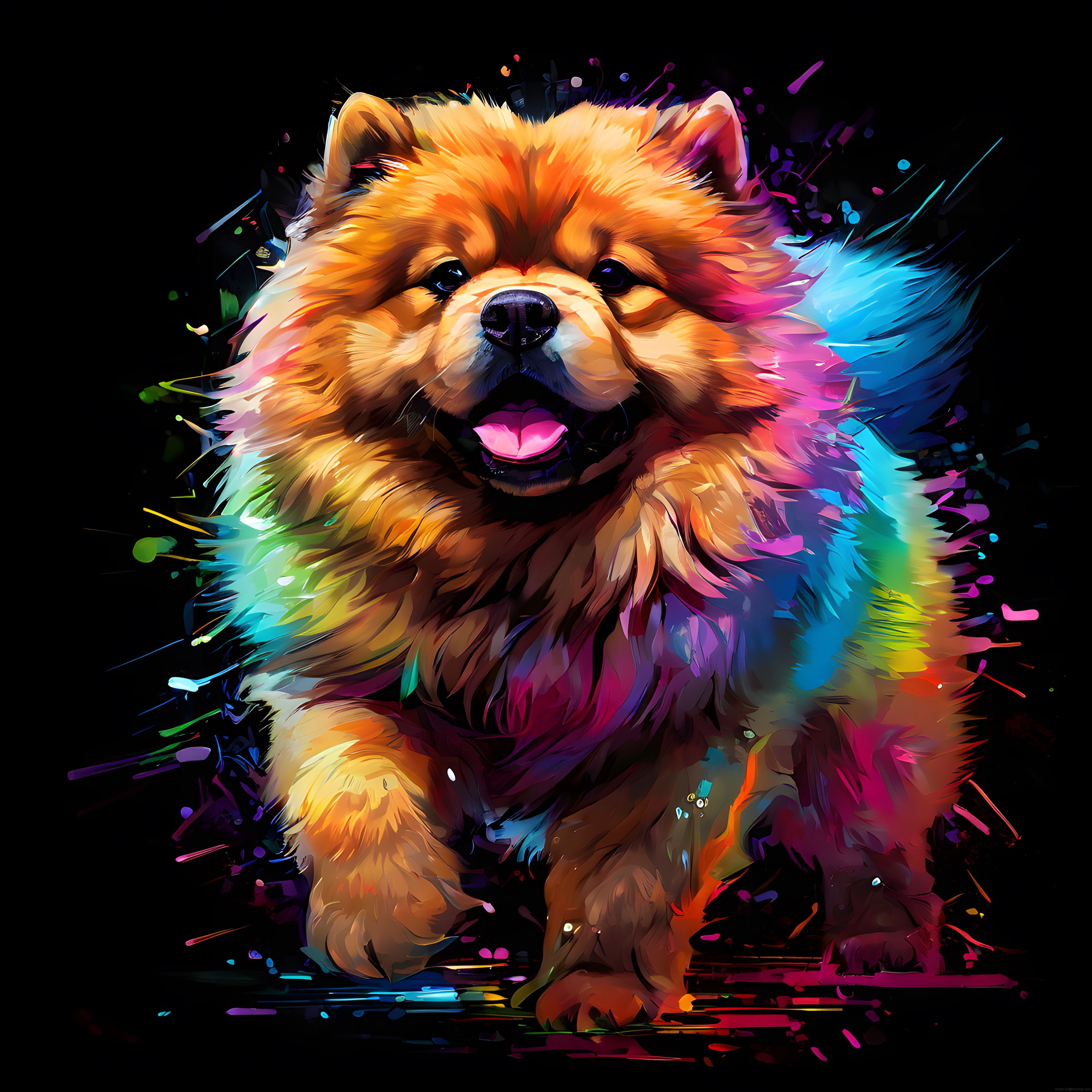 Neon Renklerde Pomeranian Köpeği Dijital İllüstrasyon ve Sanatsal Portre