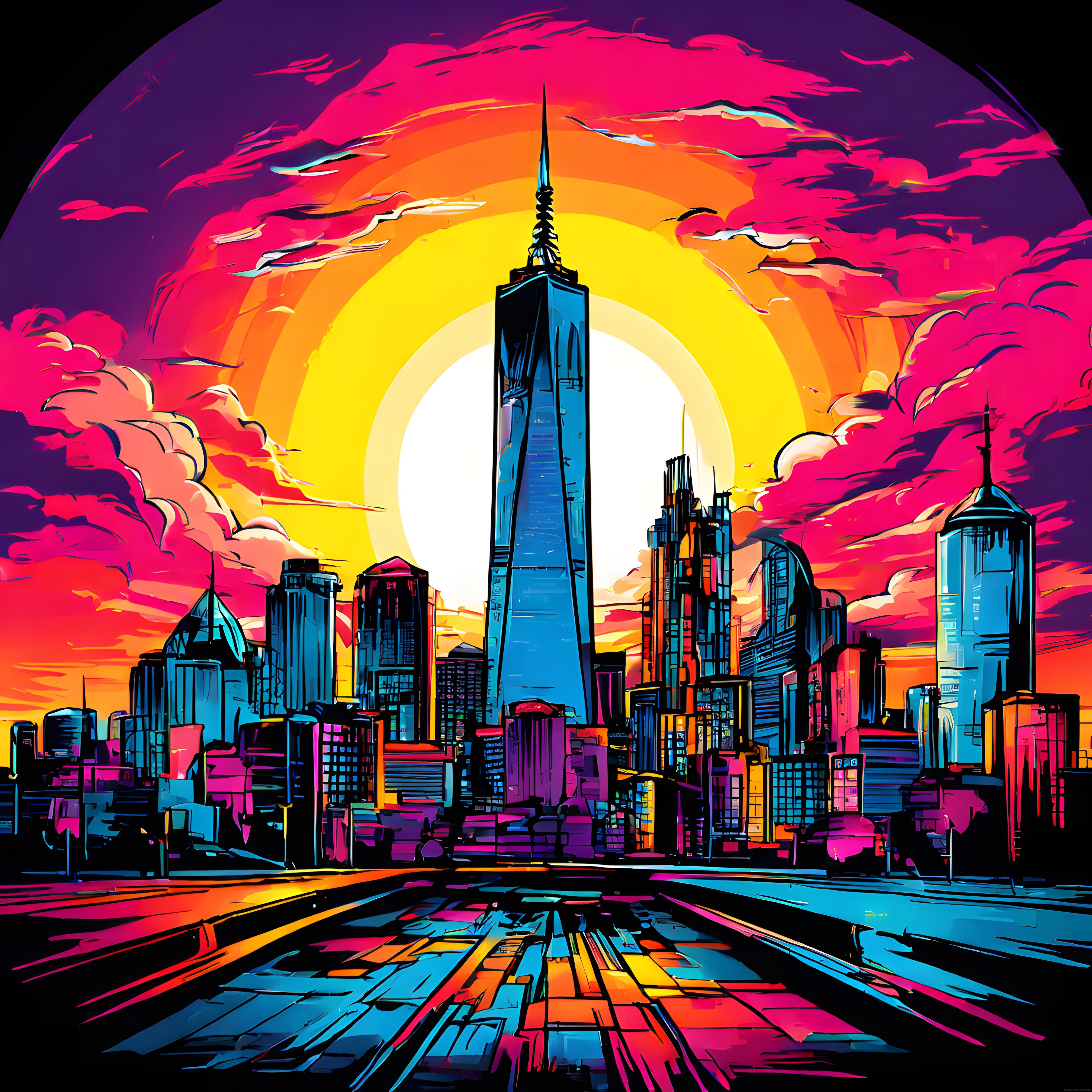 Neon Renklerde Pop Art Tarzında Gün Batımı ve New York Şehir Silüeti
