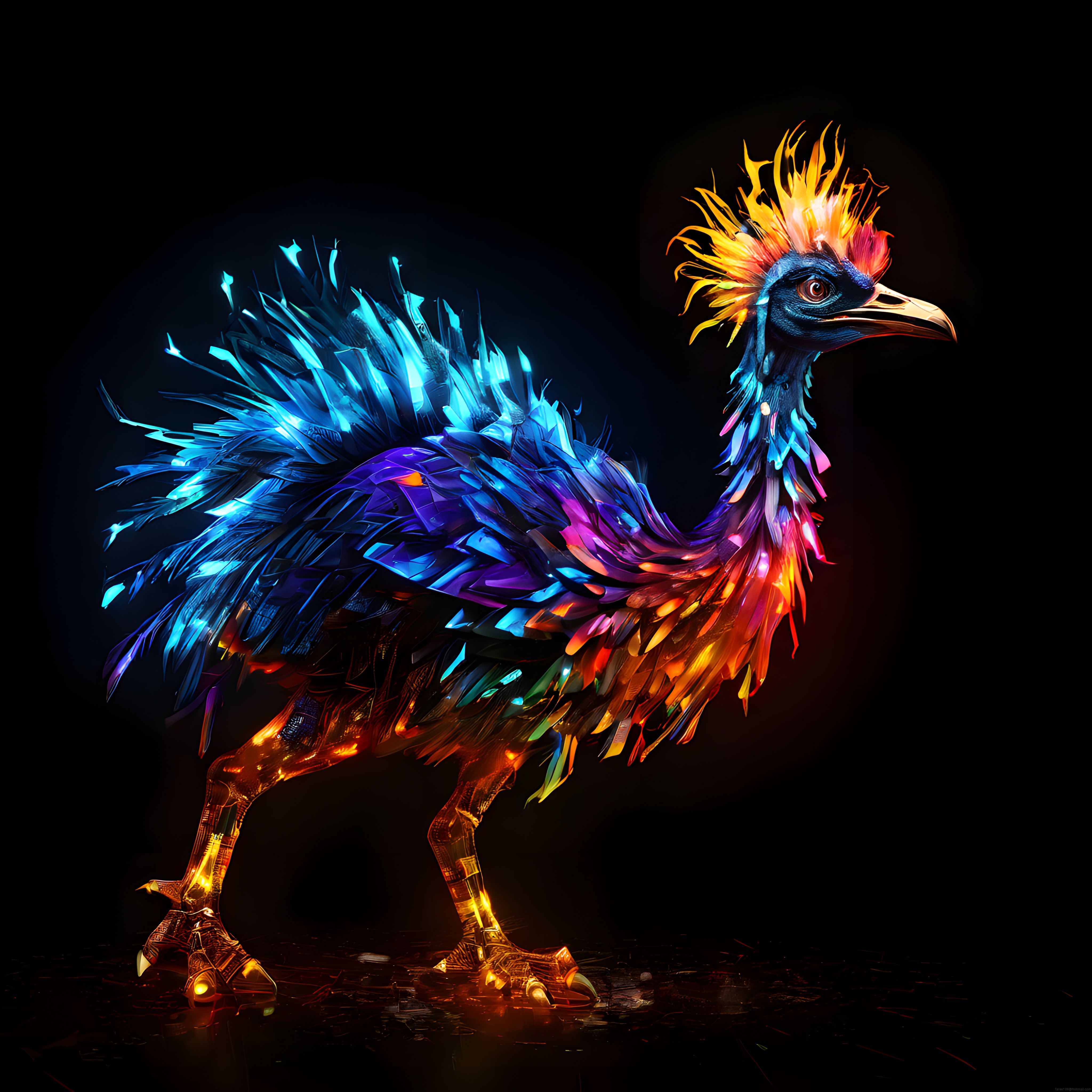 Neon Renklerle Aydınlanan Fantastik Mekanik Kuş Dijital Sanat Çalışması