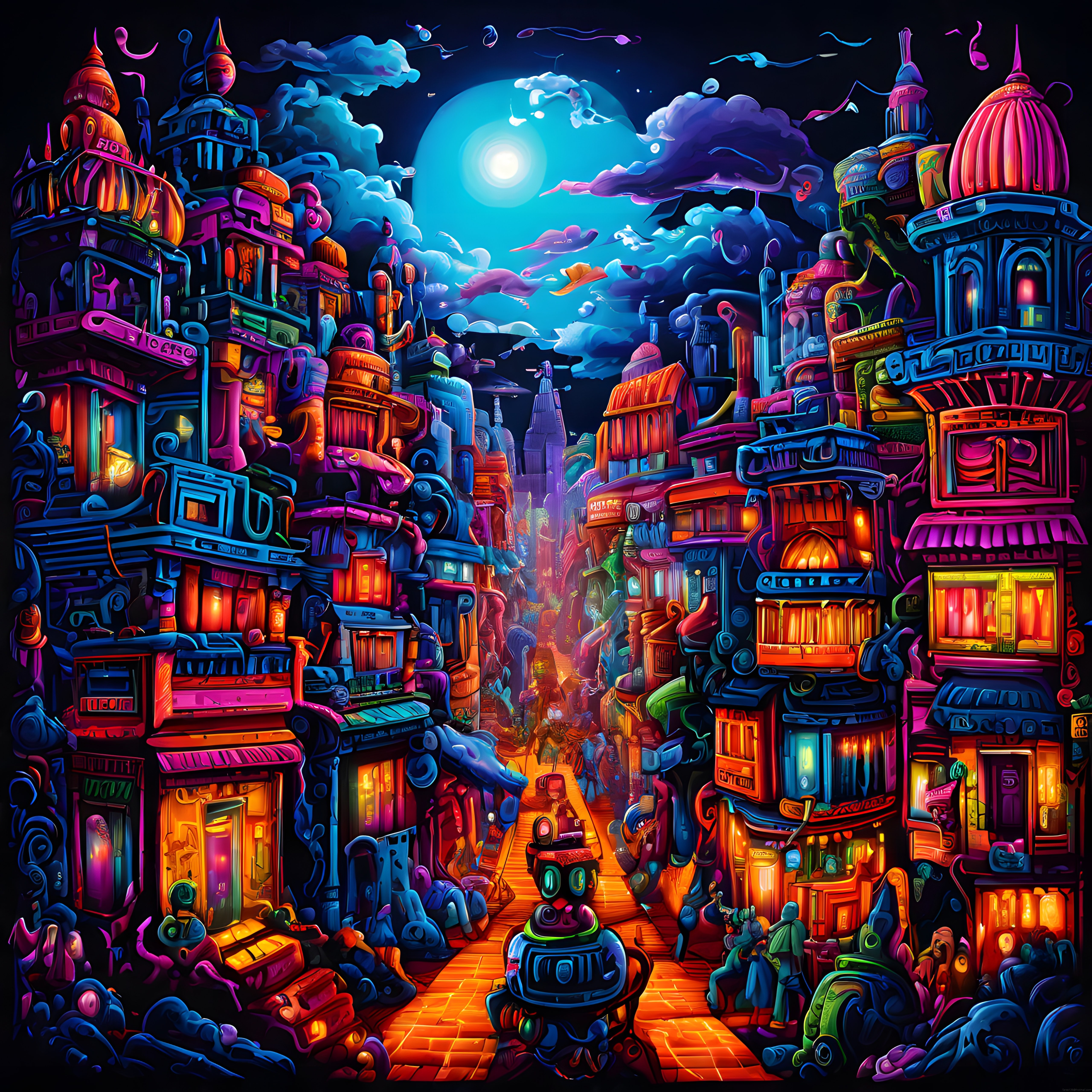 Neon Renklerle Aydınlanmış Fantastik ve Sürreal Bir Gece Şehri Dijital Sanat