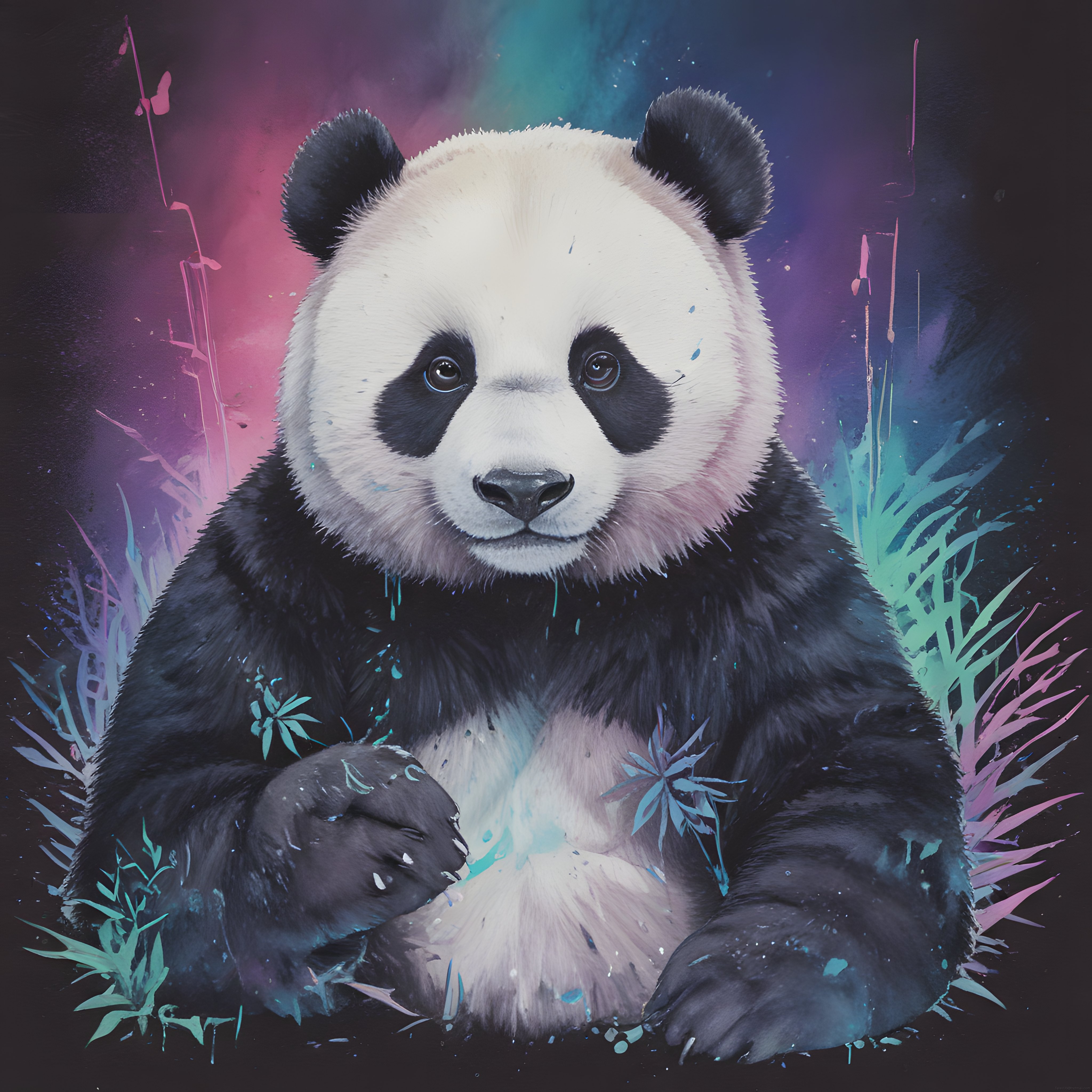 Neon renklerle bezeli orman ortamında büyüleyici panda dijital illüstrasyon