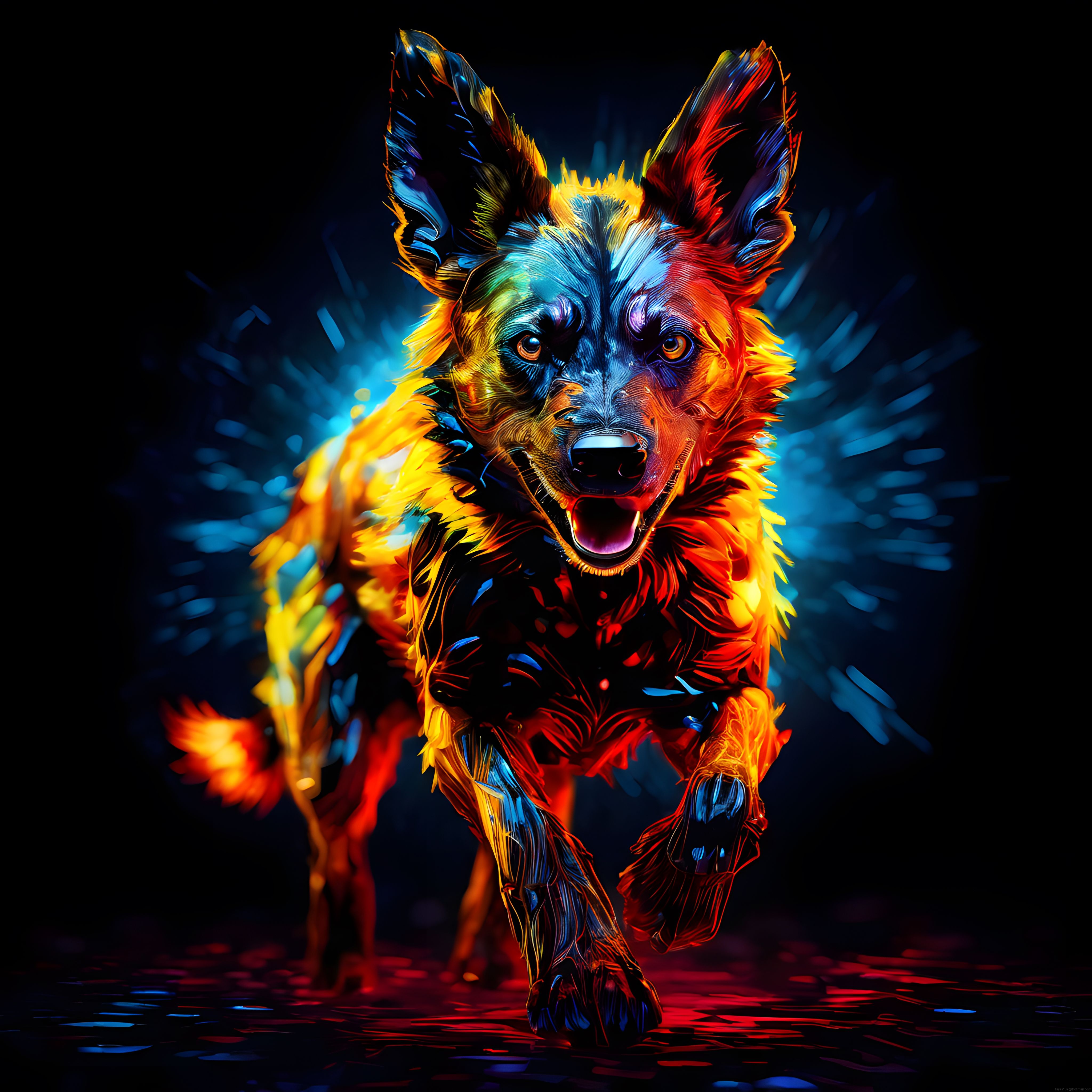 Neon Renklerle Can Bulan Gizemli Köpek: Dijital Sanat ve Gece Atmosferi