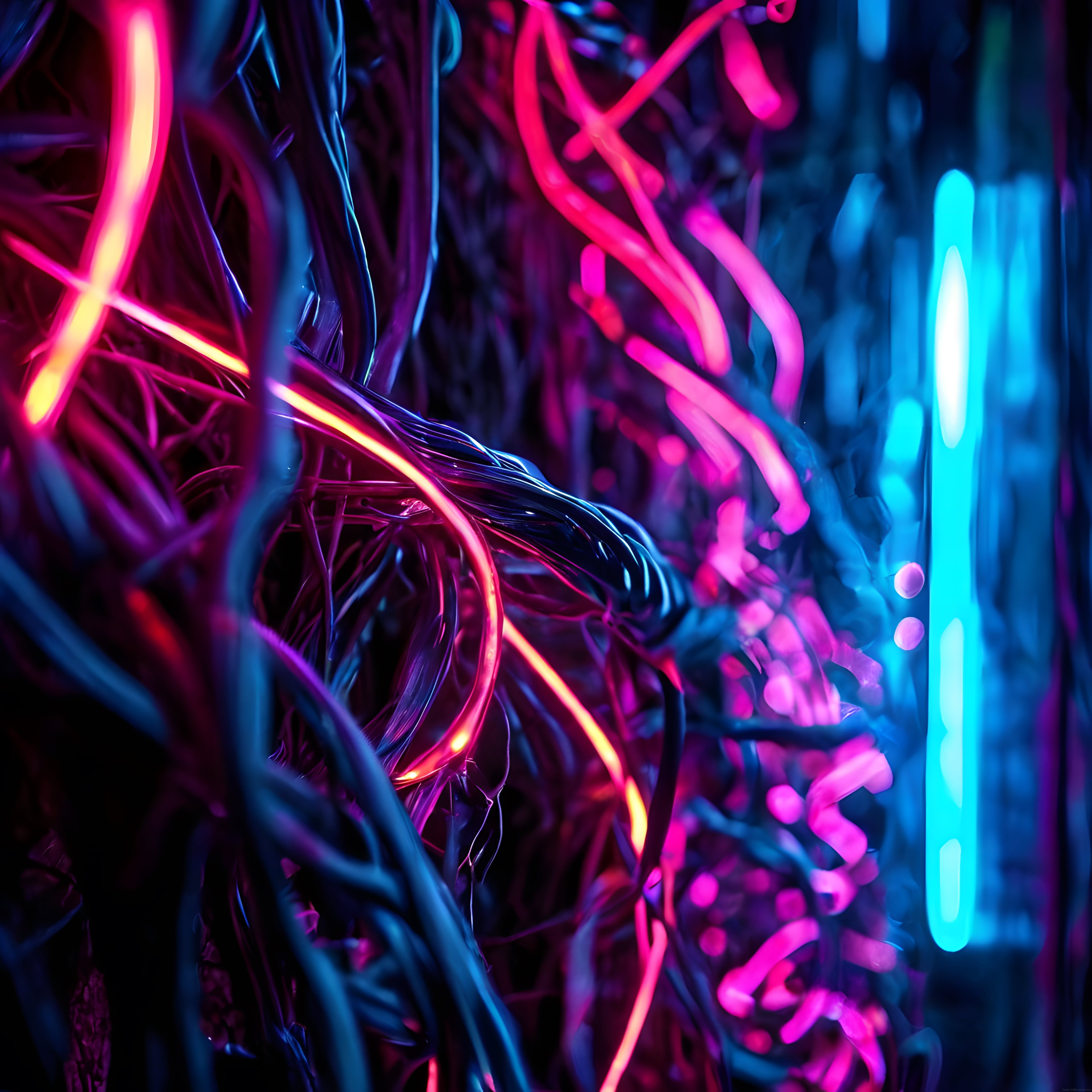 Neon Renklerle Işıklandırılmış Gizemli Soyut Orman Manzarası ve Dijital Sanat