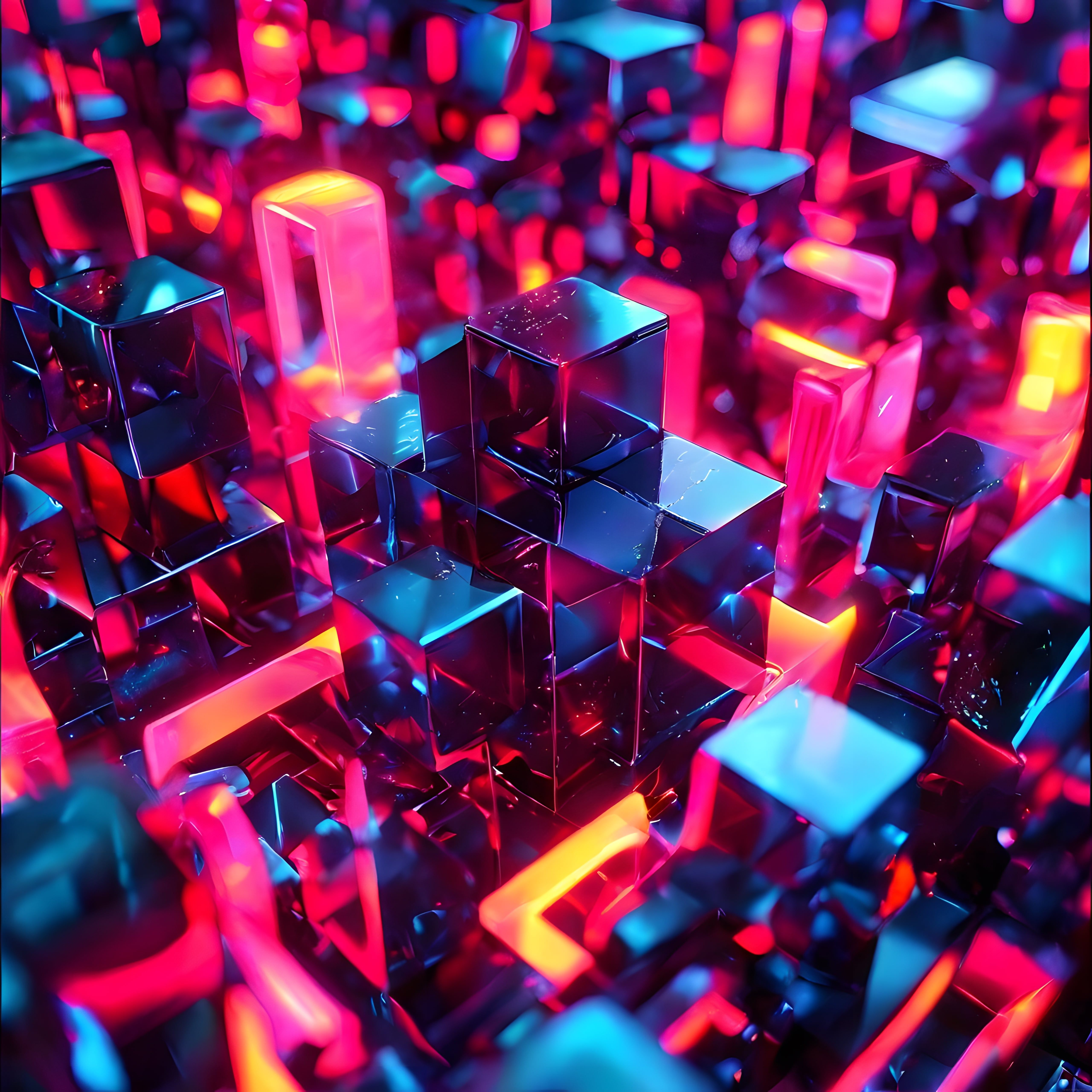 Neon Renkli Cam Küplerin Dans Ettiği Soyut Dijital Sanat Eseri