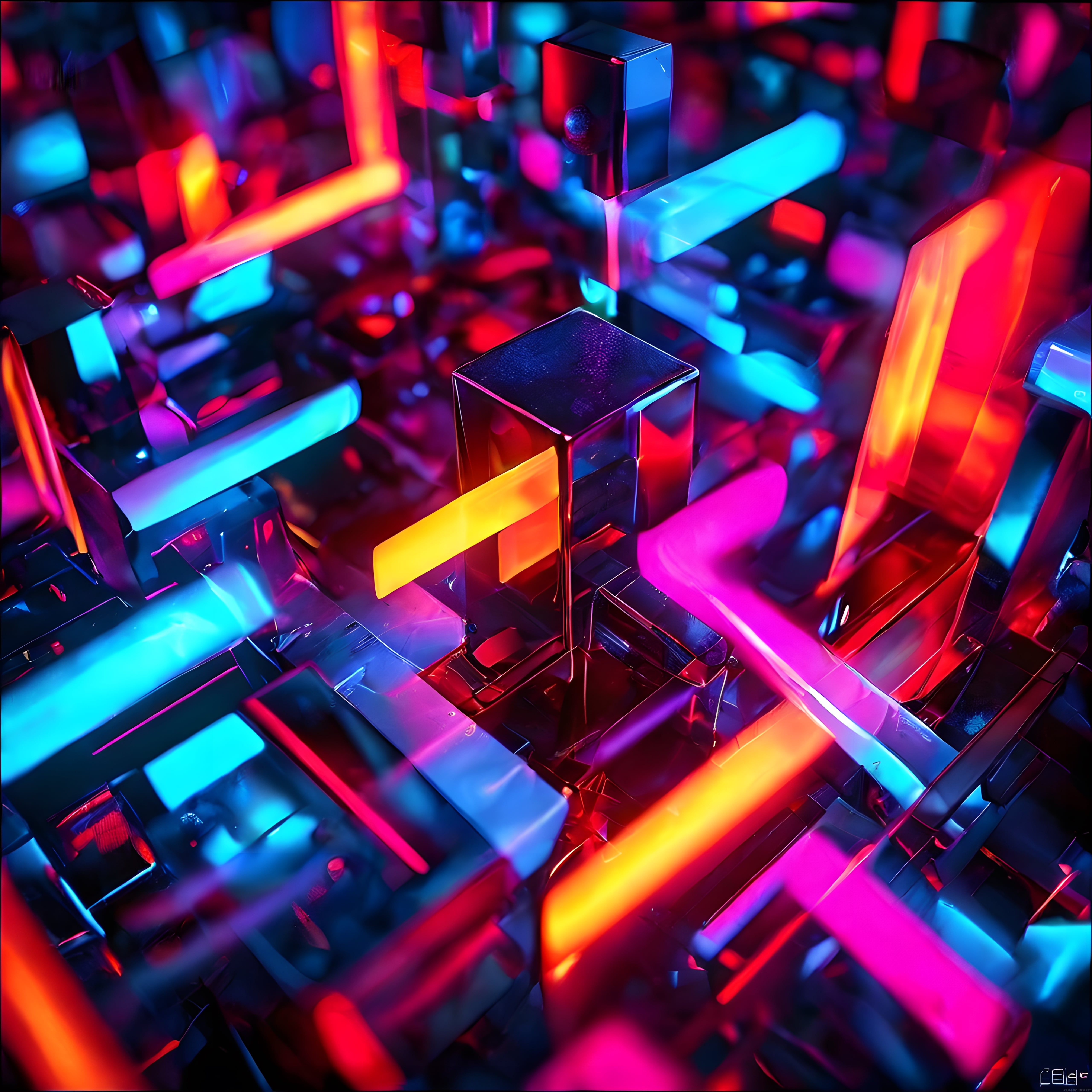 Neon Renkli Soyut 3D Küp ve Işık Çubukları ile Dijital Sanat Arka Planı