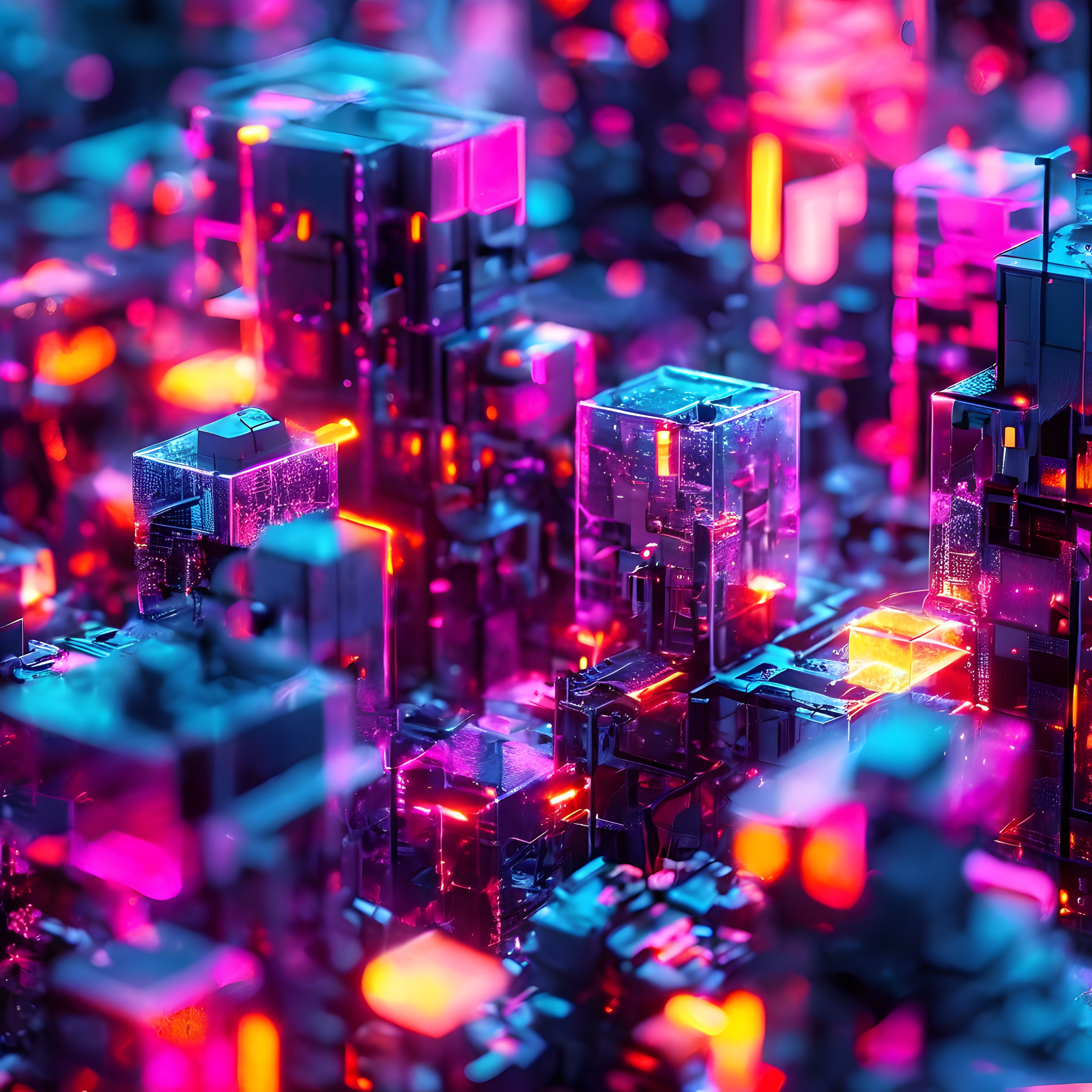 Neon Renkli Soyut Kristal Bloklar ve Geleceğin Dijital Şehir Manzarası