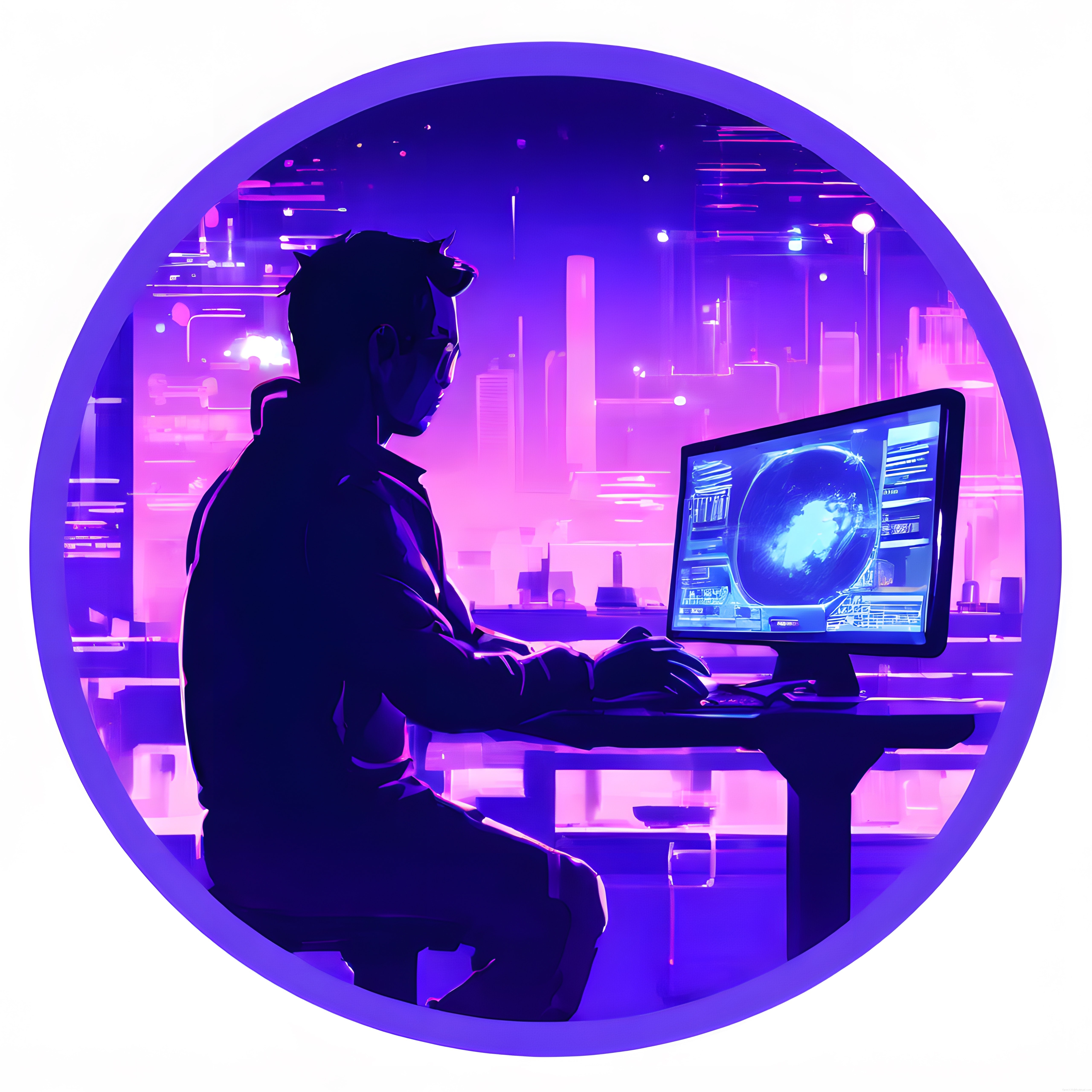 Neon şehirde gece vardiyası yapan siber güvenlik analisti silüeti