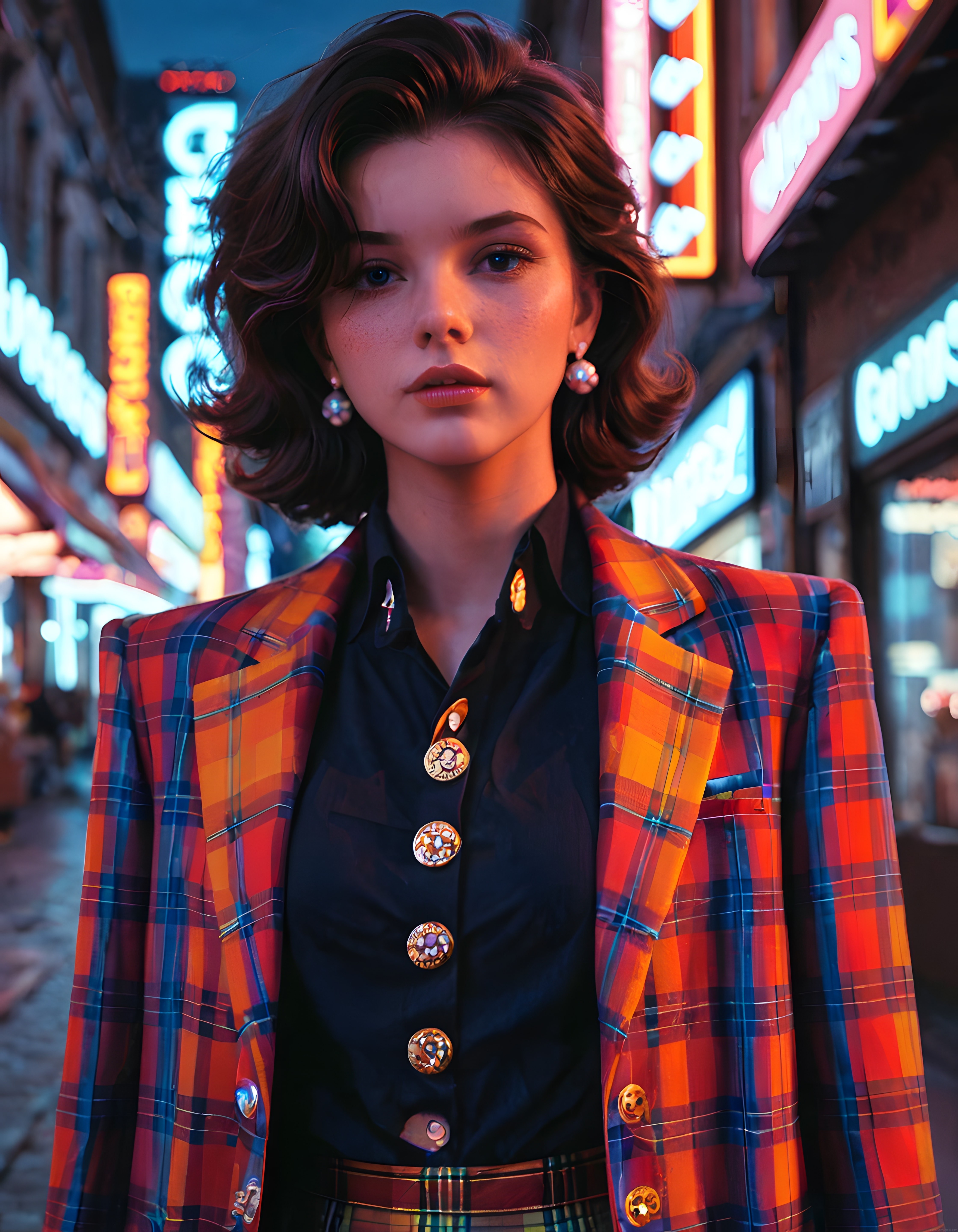 Neon Sokakların Retro Rüyası: Kareli Ceketli Genç Kadın Dijital Portresi