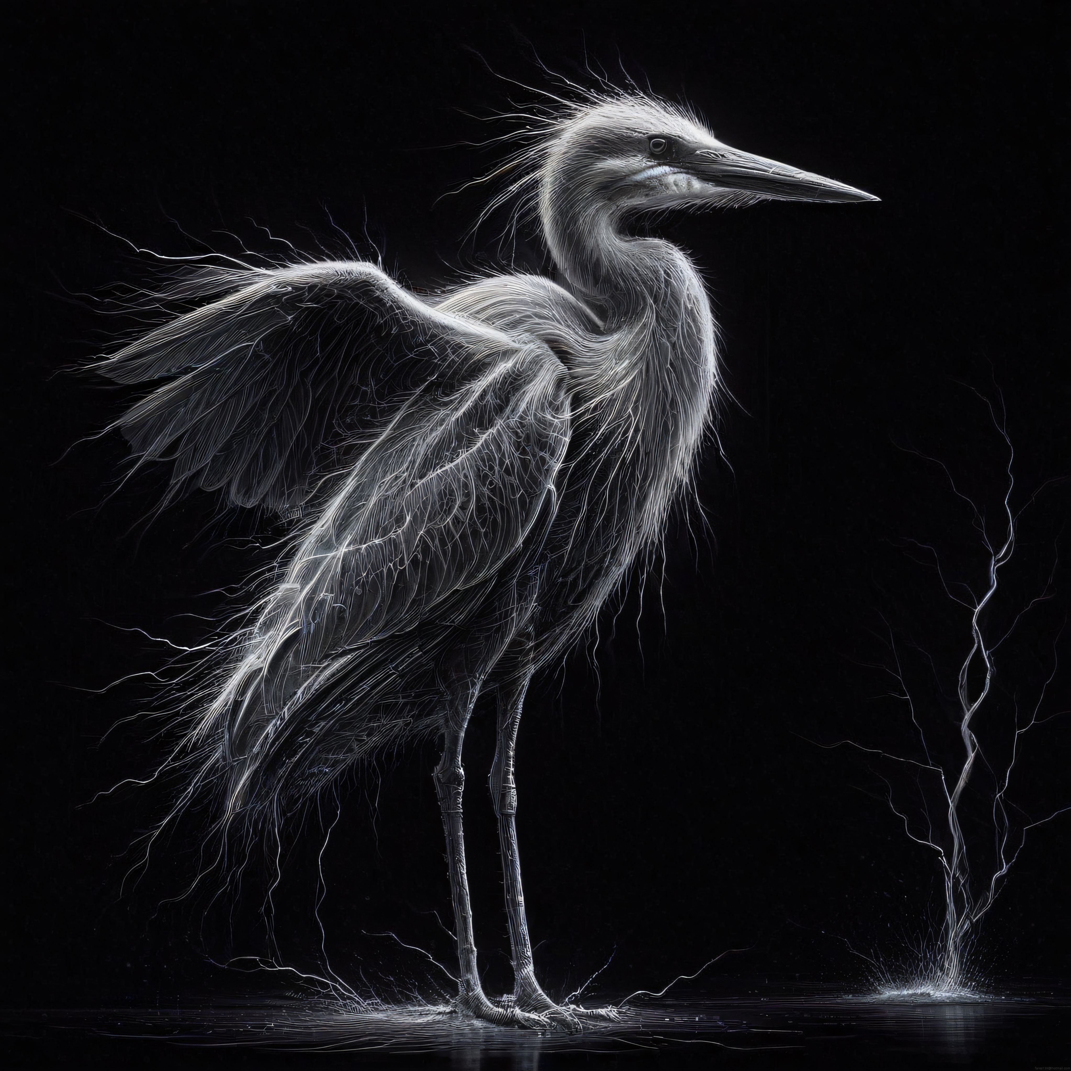 Neon Tel Çizgilerinden Oluşan Gizemli Heron Kuşu Dijital İllüstrasyonu