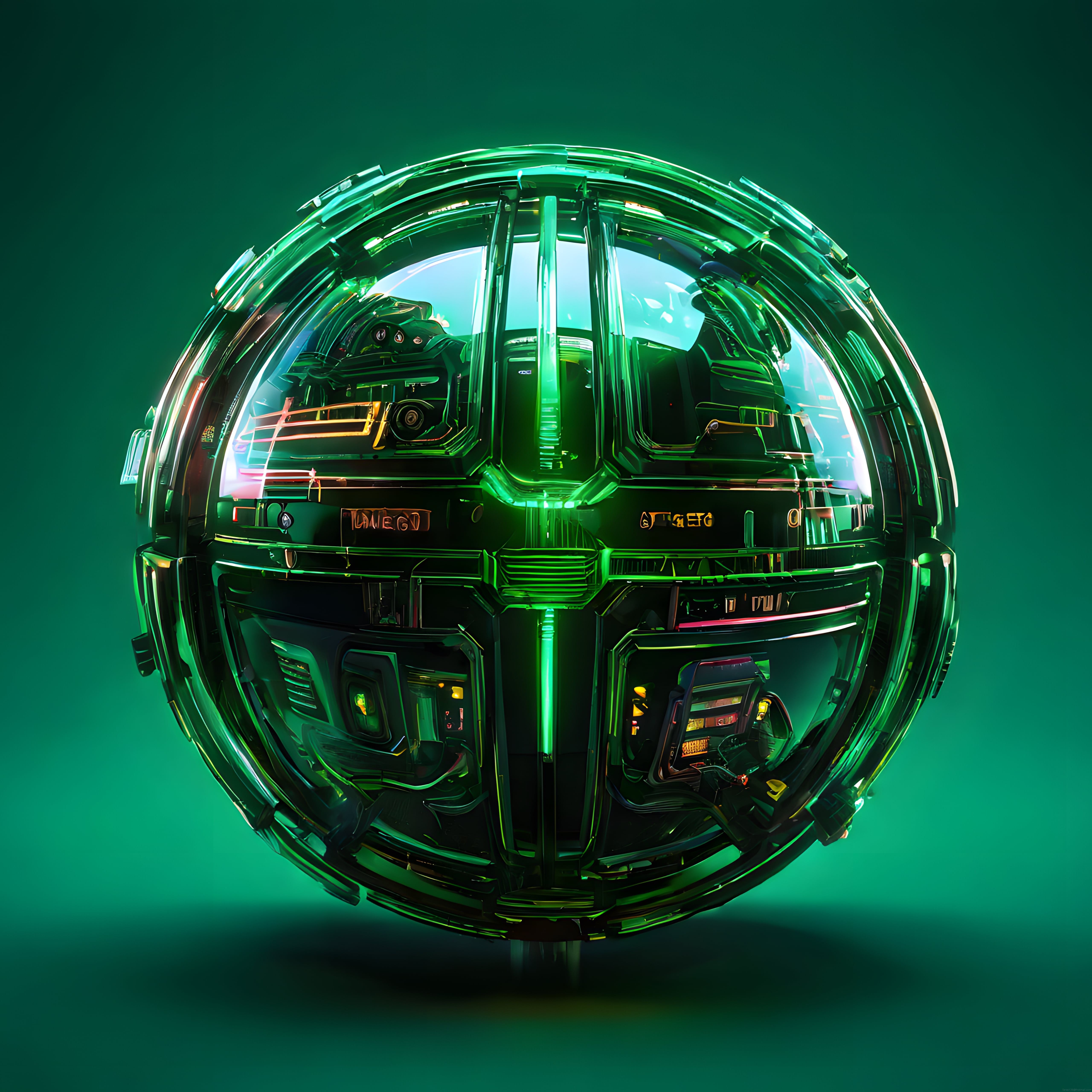 Neon Yeşil Işıklı Fütüristik Küre Kabin ve Cyberpunk Uzay Kapsülü Konsepti