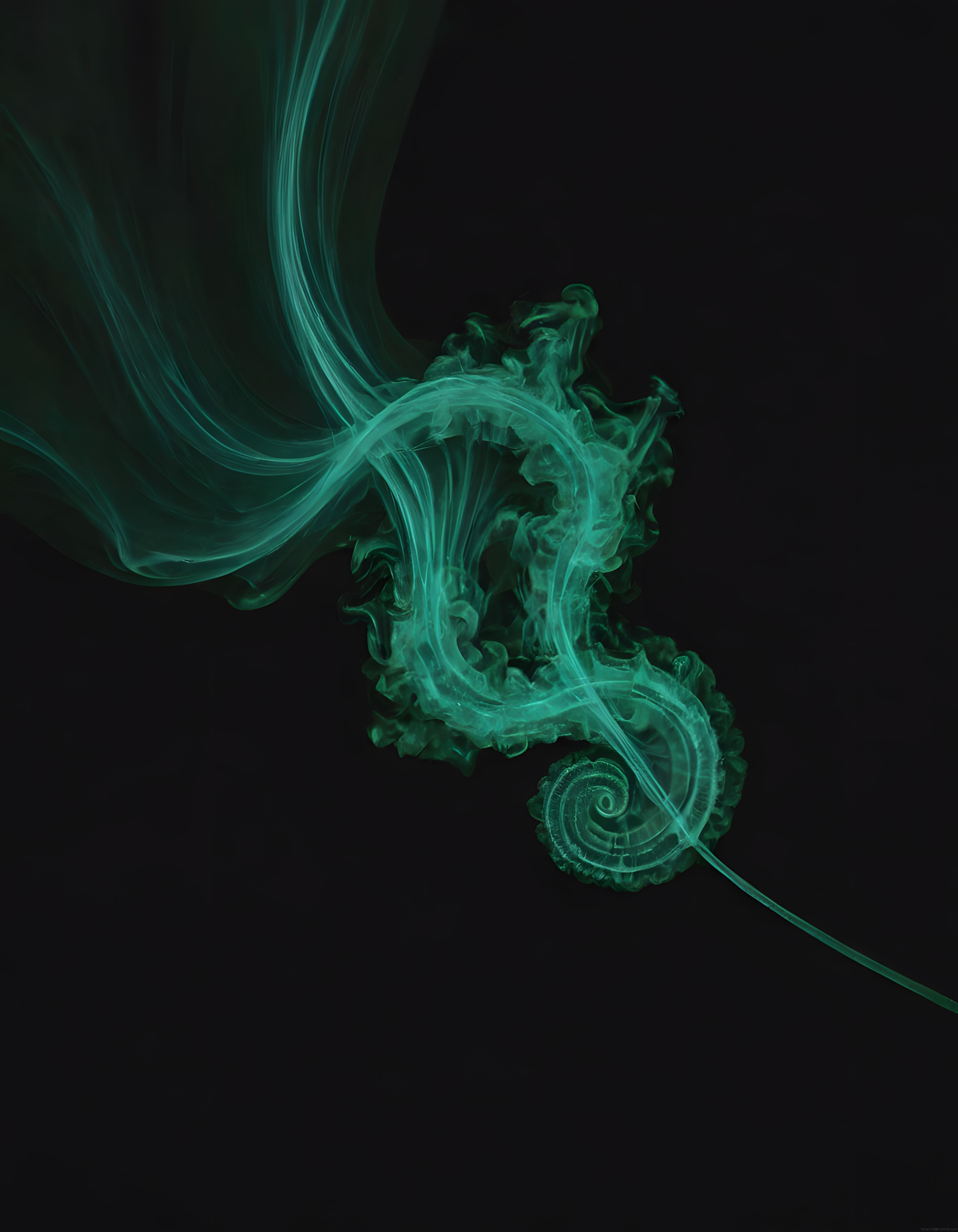 Neon Yeşili Soyut Dijital Sanat: Siyah Arka Planda Spiral Işık ve Duman Formları