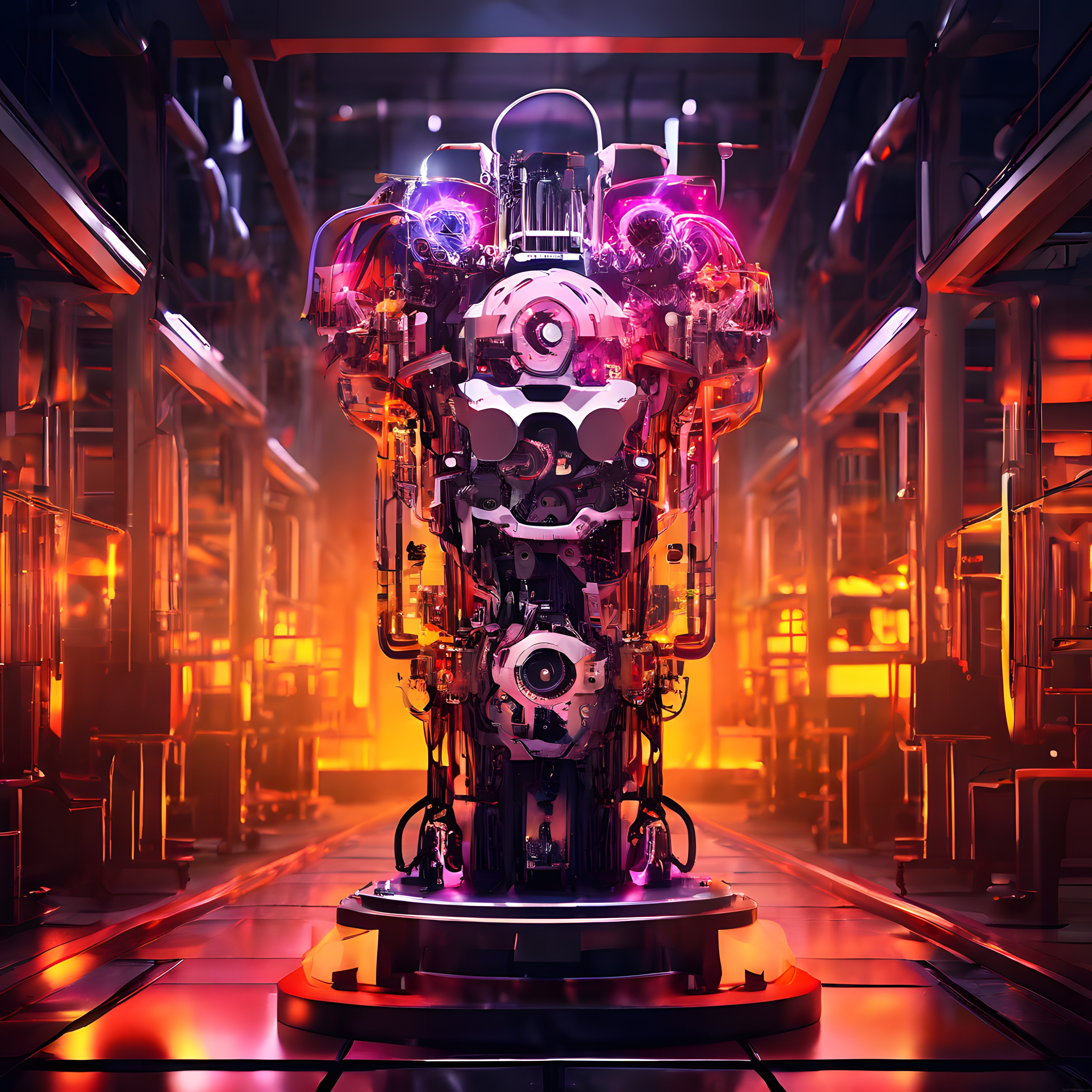 Neonlu fütüristik koridorda devasa cyberpunk robot heykeli dijital illüstrasyon