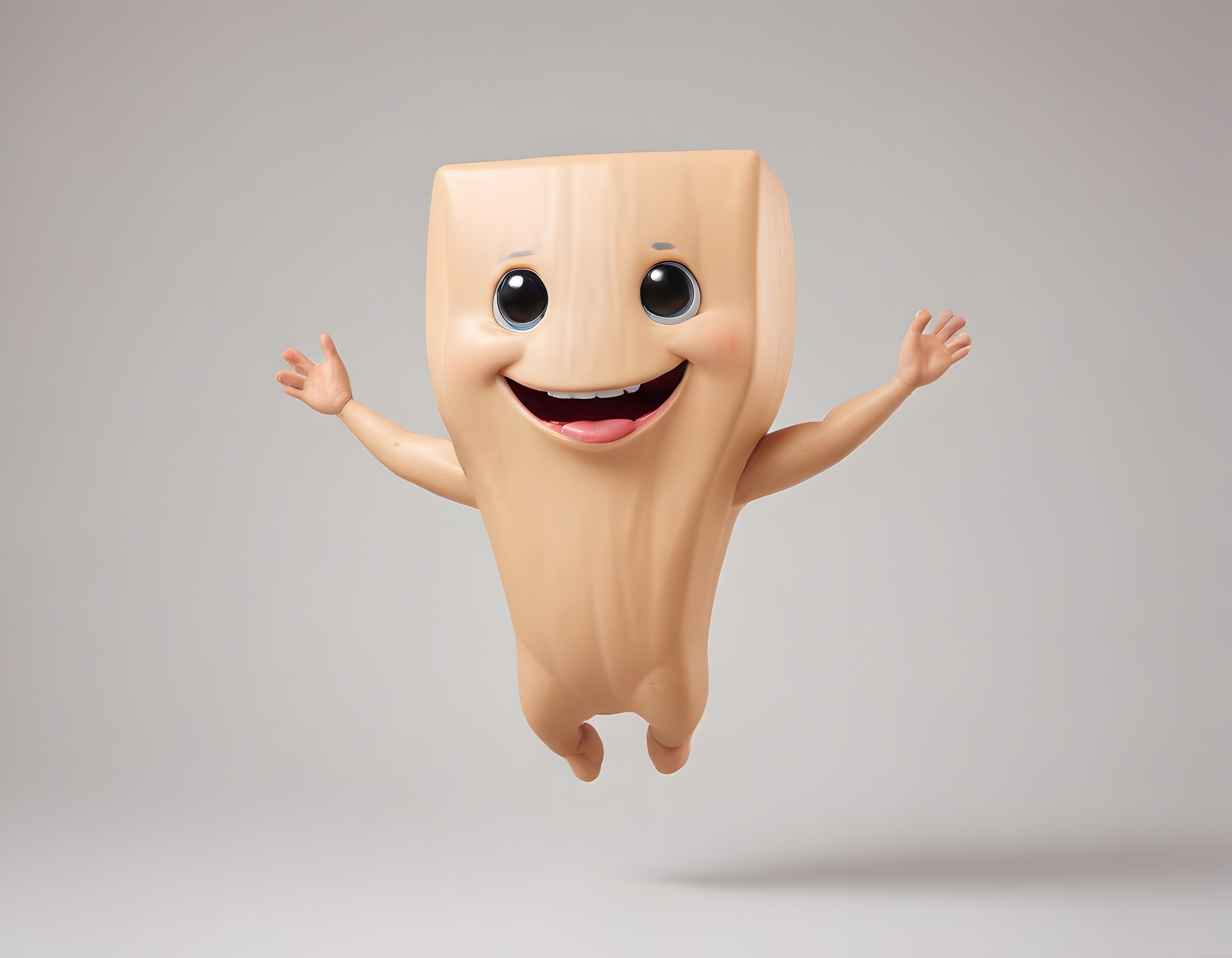Neşeli 3D Ahşap Karakter: Kolları Açık Sevimli Animasyon Maskot ve Figür