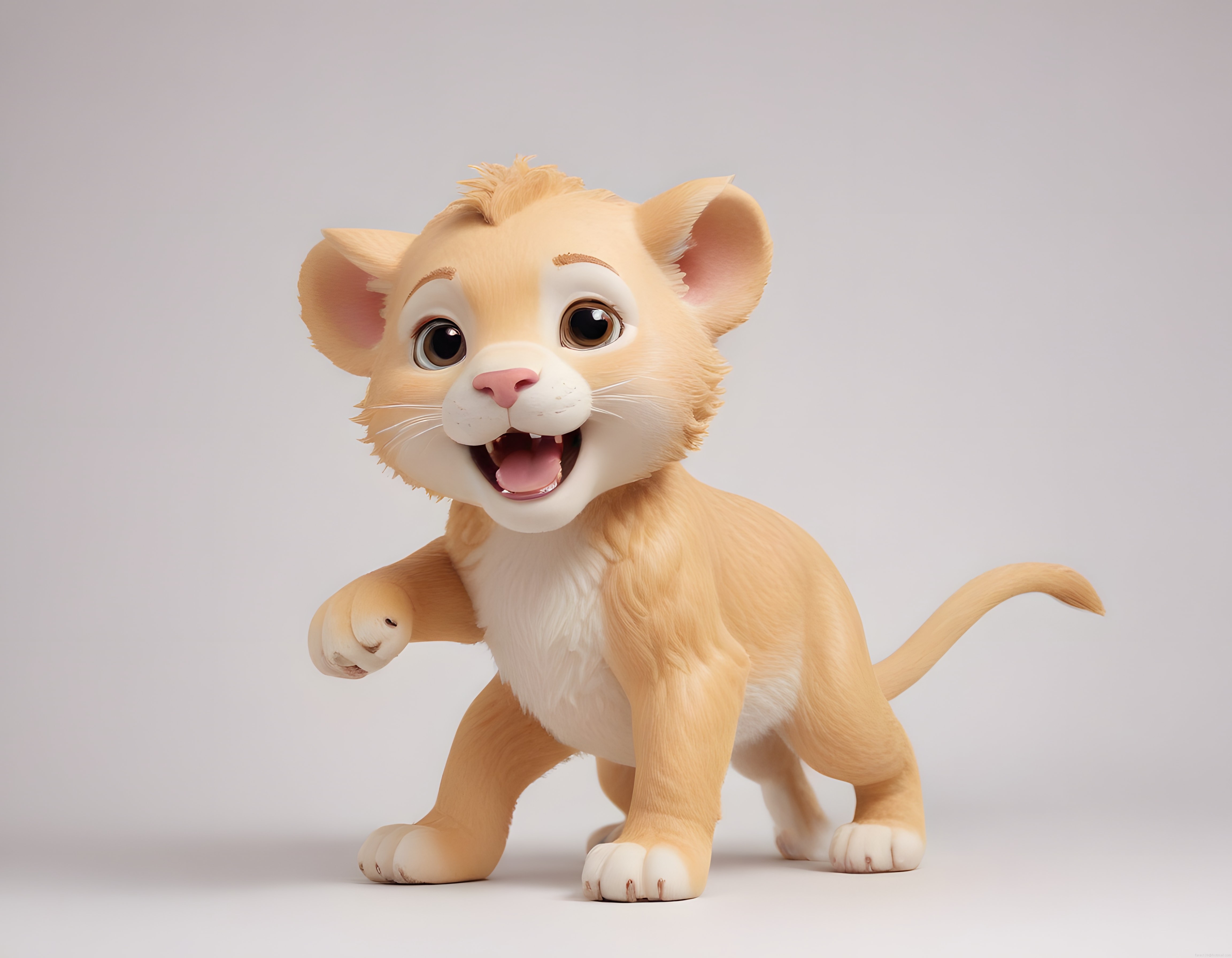 Neşeli 3D animasyon aslan yavrusu figürü beyaz arka plan üzerinde poz veriyor