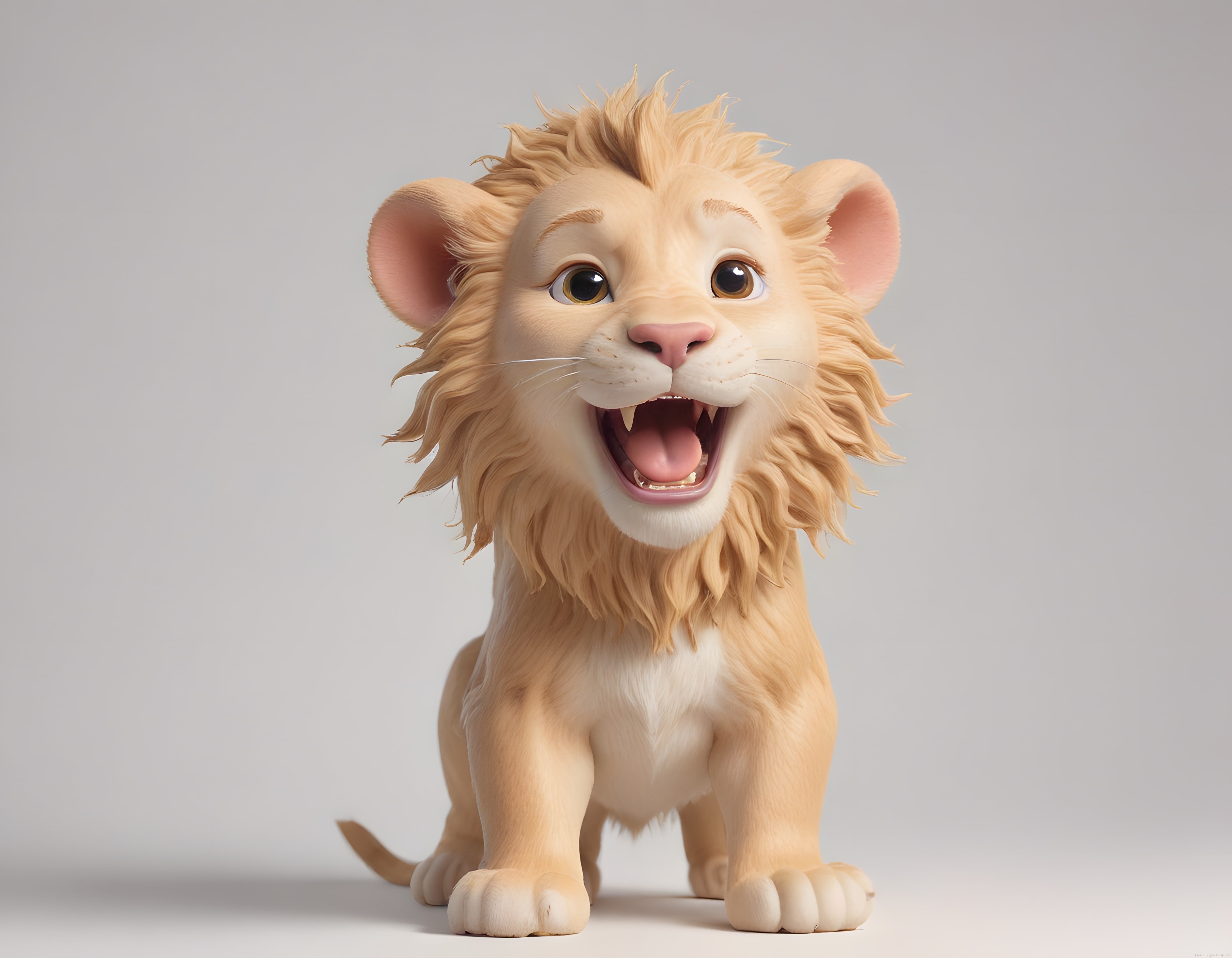 Neşeli 3D Animasyon Aslan Yavrusu Karakteri Gri Arka Planda Oturuyor