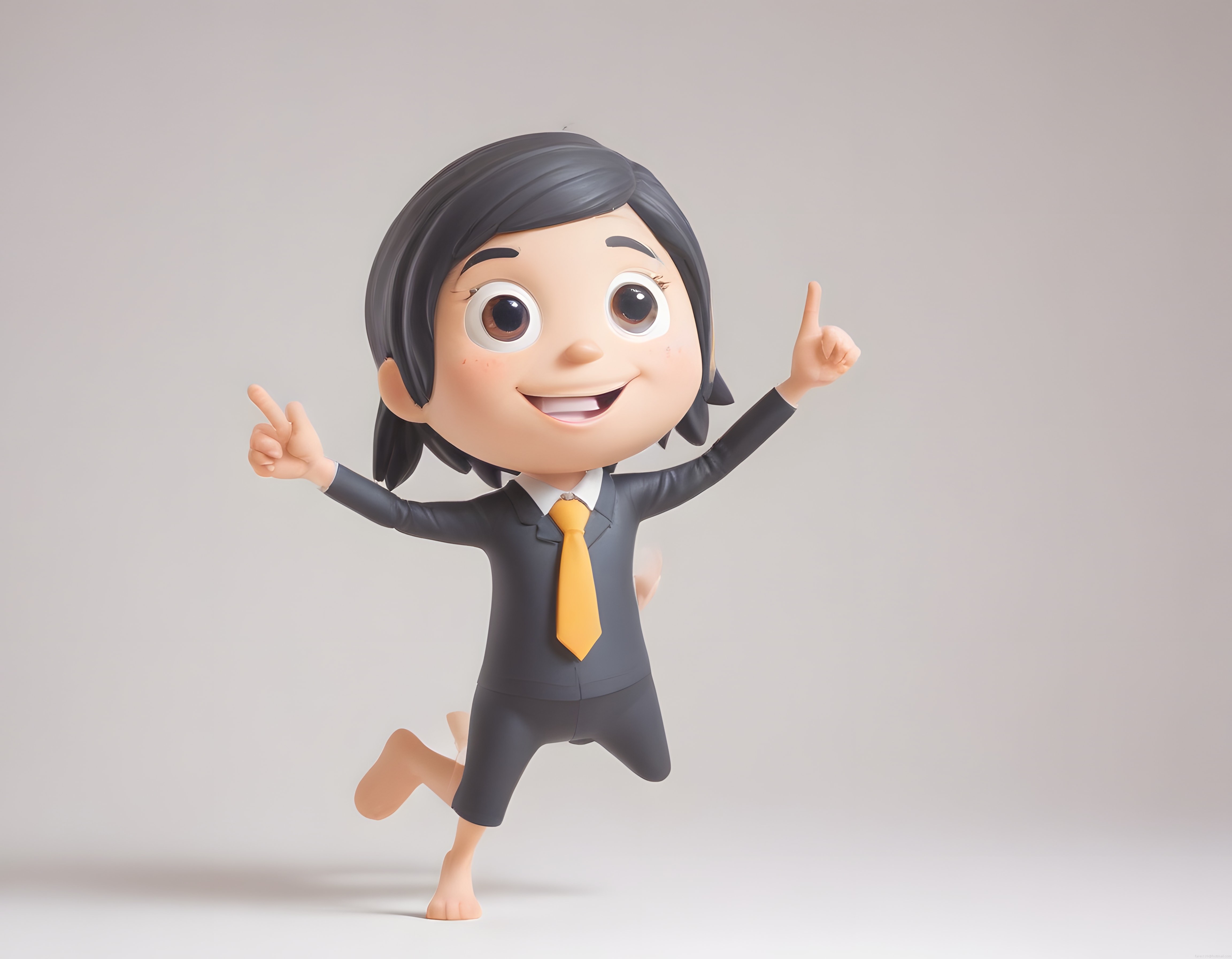 Neşeli 3D Animasyon İş Kadını Karakteri Parmaklarıyla Yukarıyı Gösteriyor