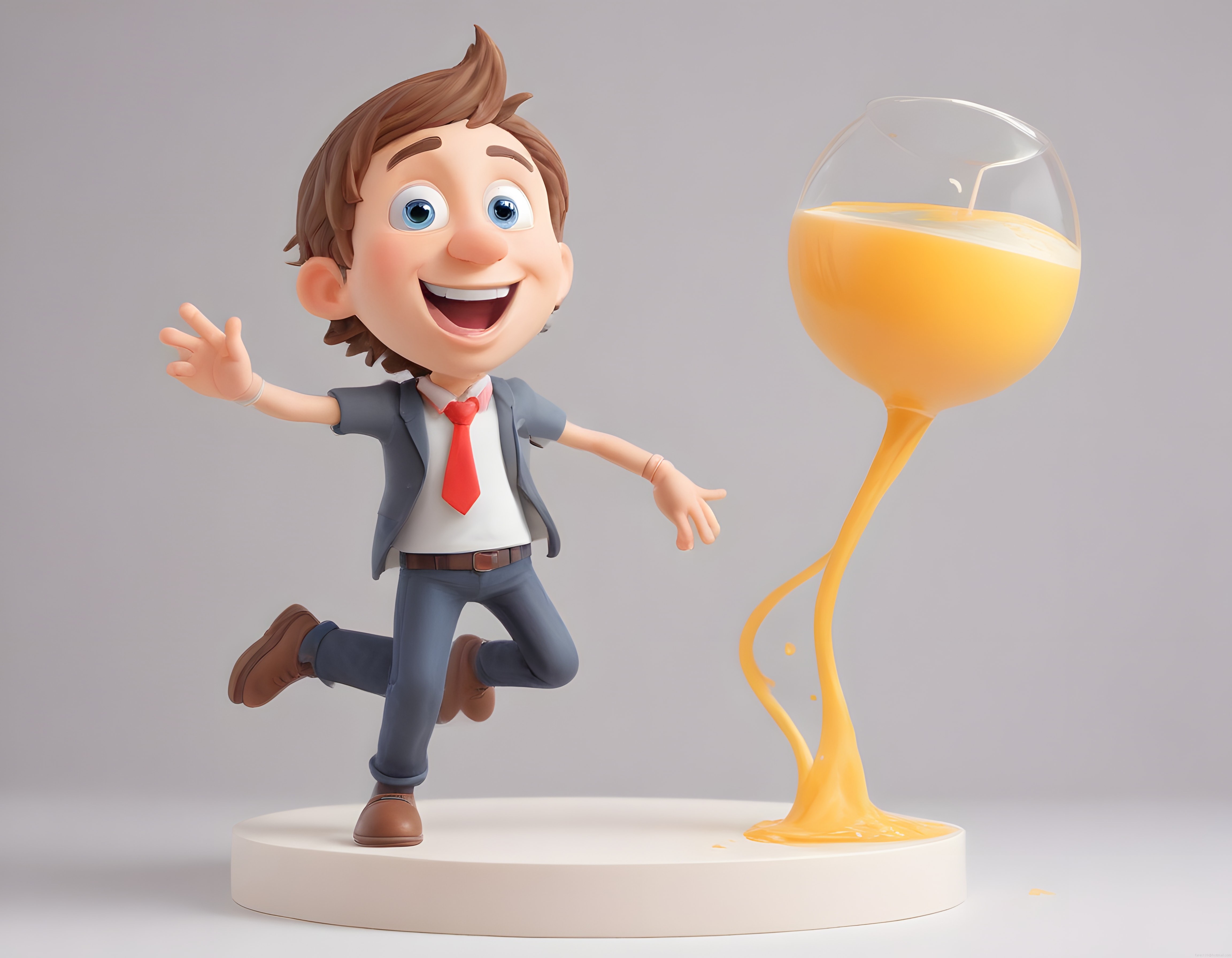 Neşeli 3D animasyon karakteri ve dev kadehten dökülen sarı içecek figürü