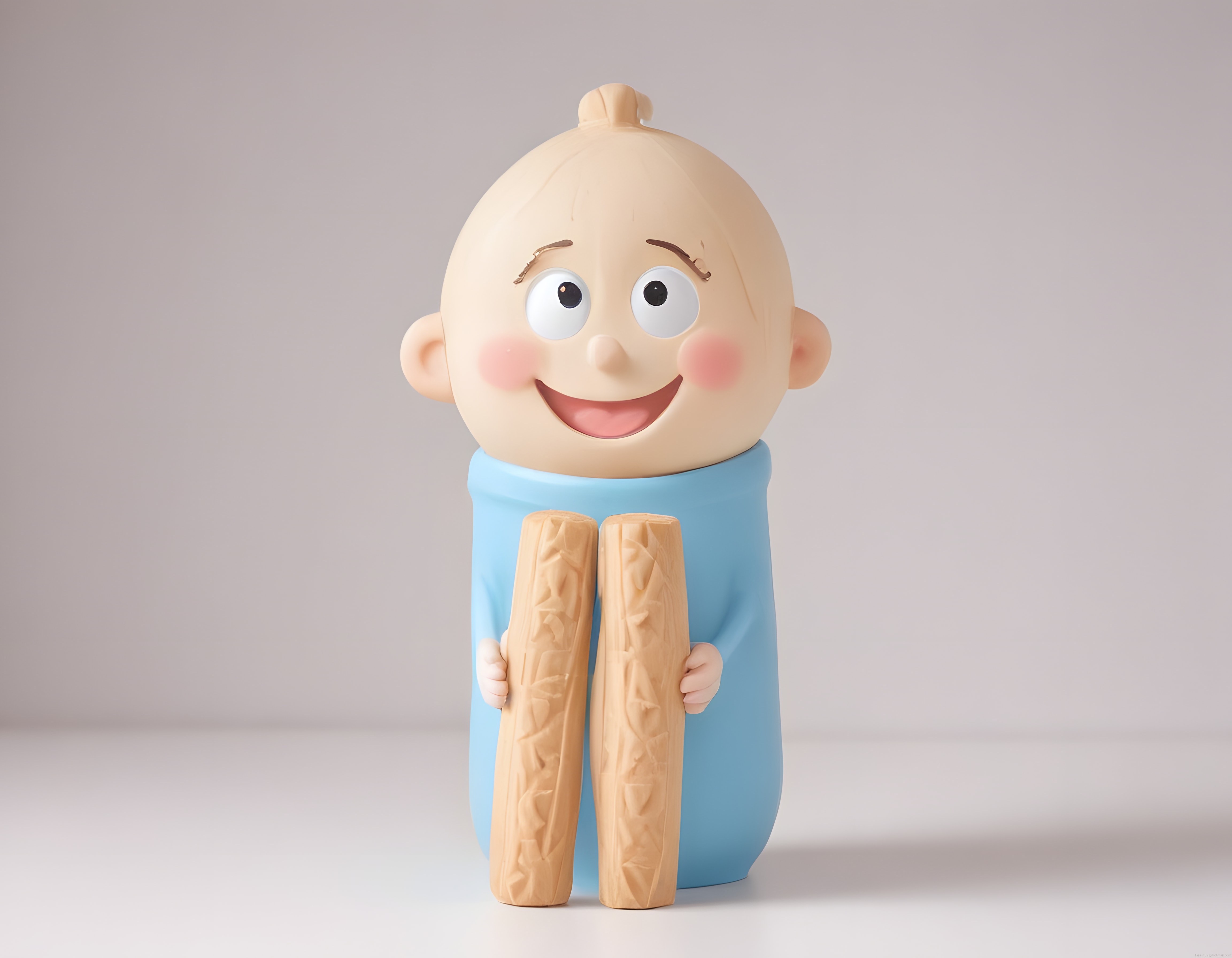 Neşeli 3D Bebek Karakteri Mavi Kıyafetle Tahıl Çubuklarını Sunuyor