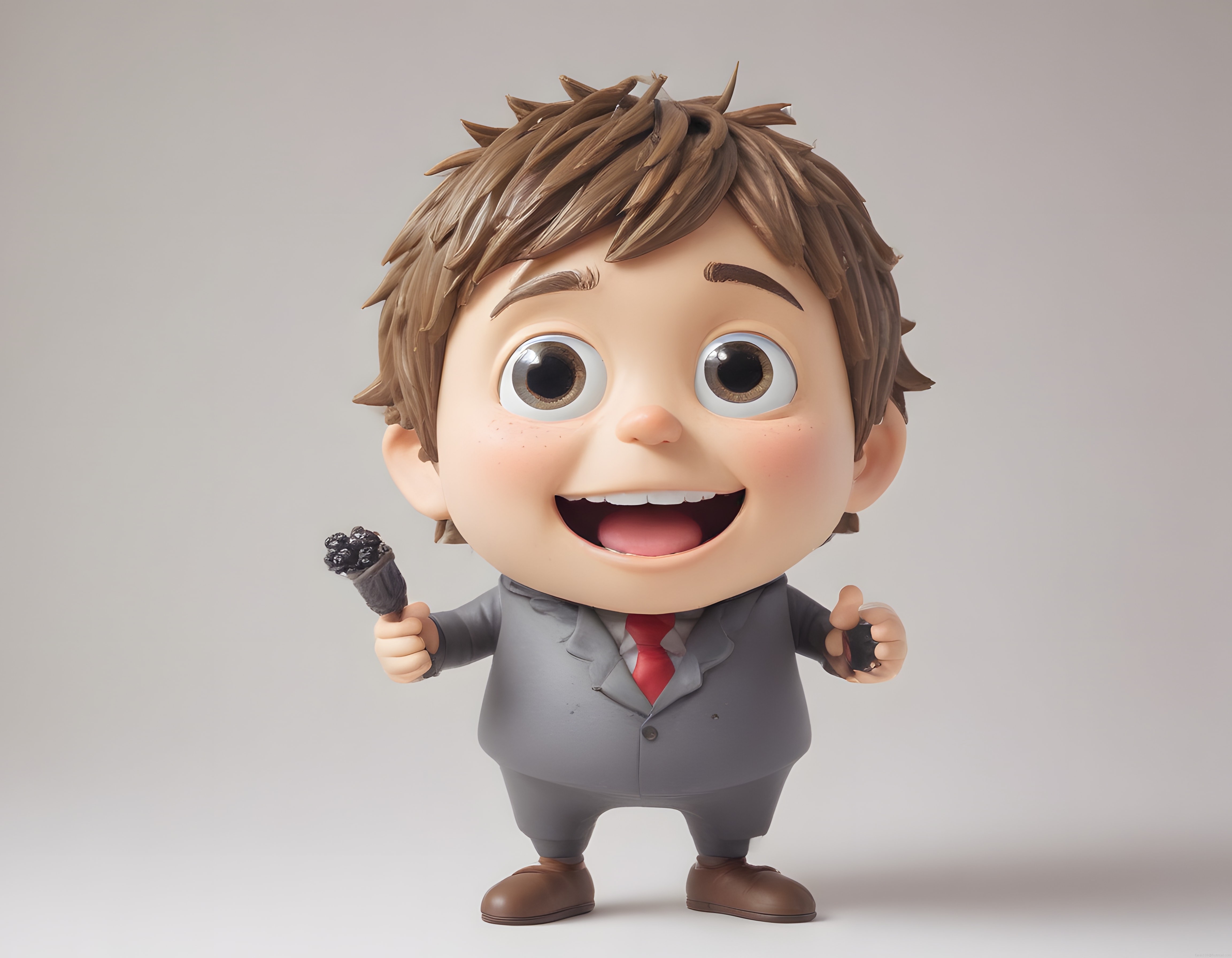 Neşeli 3D Çizgi Film Karakteri: Gri Takım Elbiseli ve Mikrofonlu Figür