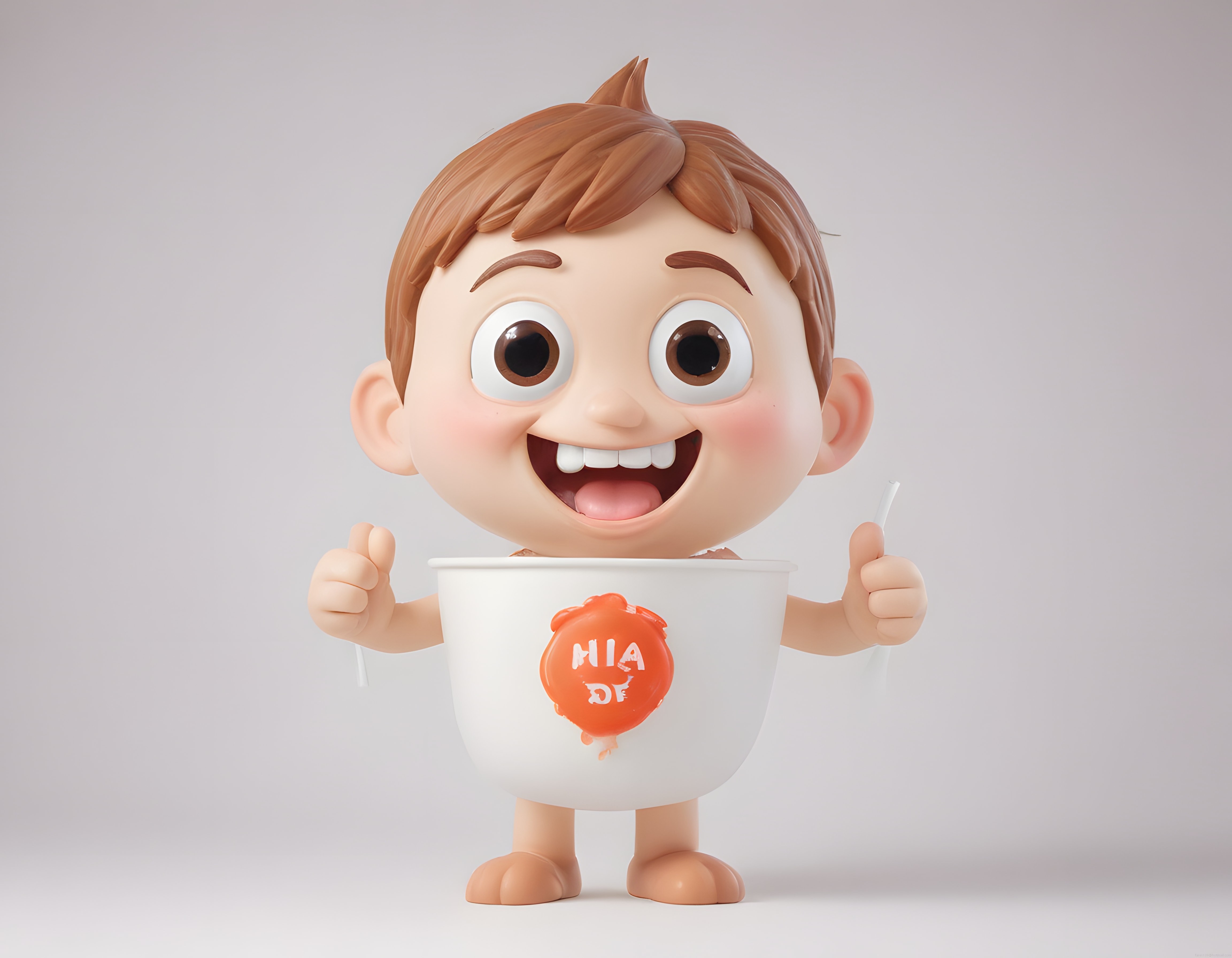 Neşeli 3D çocuk karakteri fincan içinden çıkıp baş parmağını gösteriyor