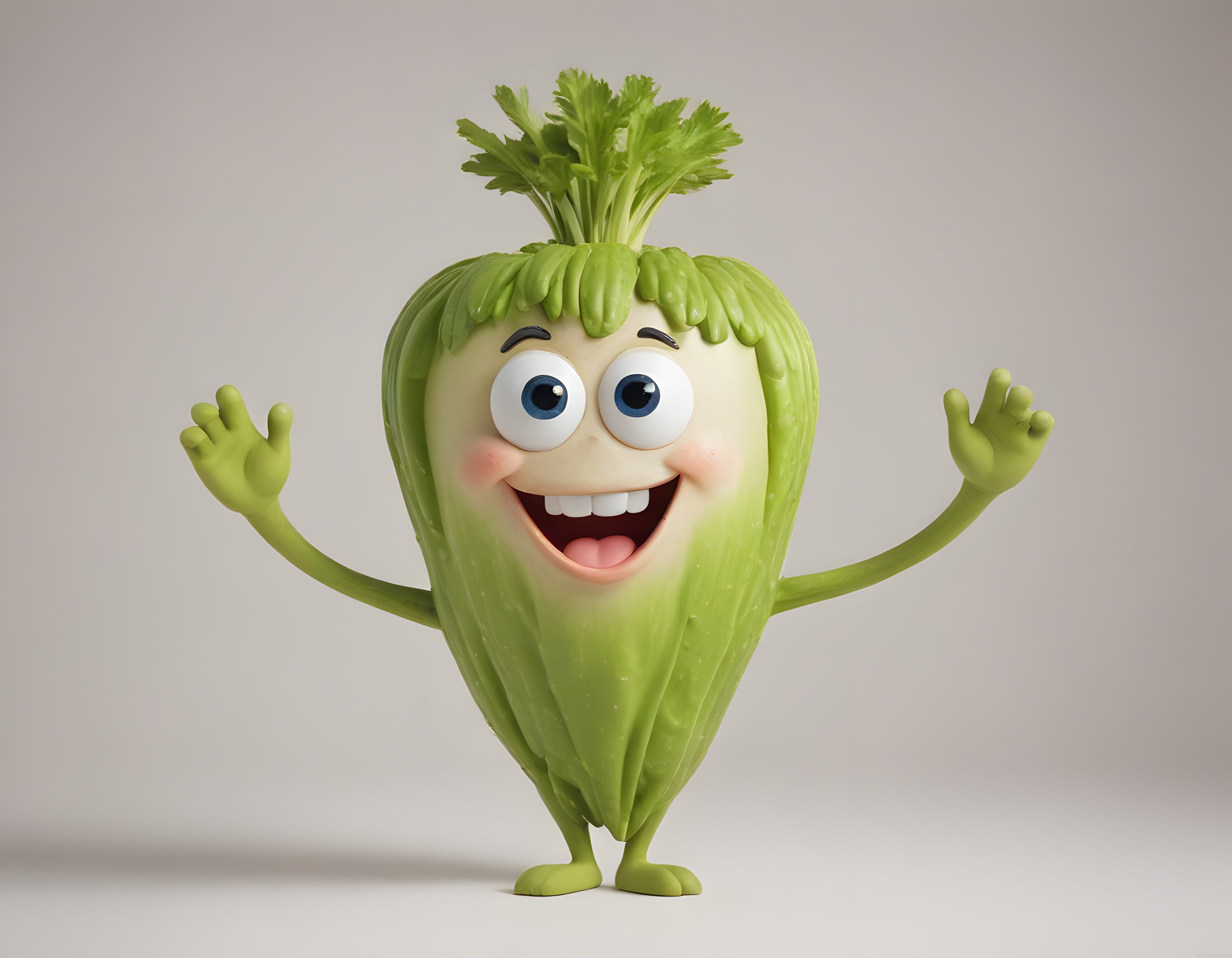 Neşeli 3D Kereviz Karakteri: Gülümseyen Sevimli Yeşil Sebze Maskot