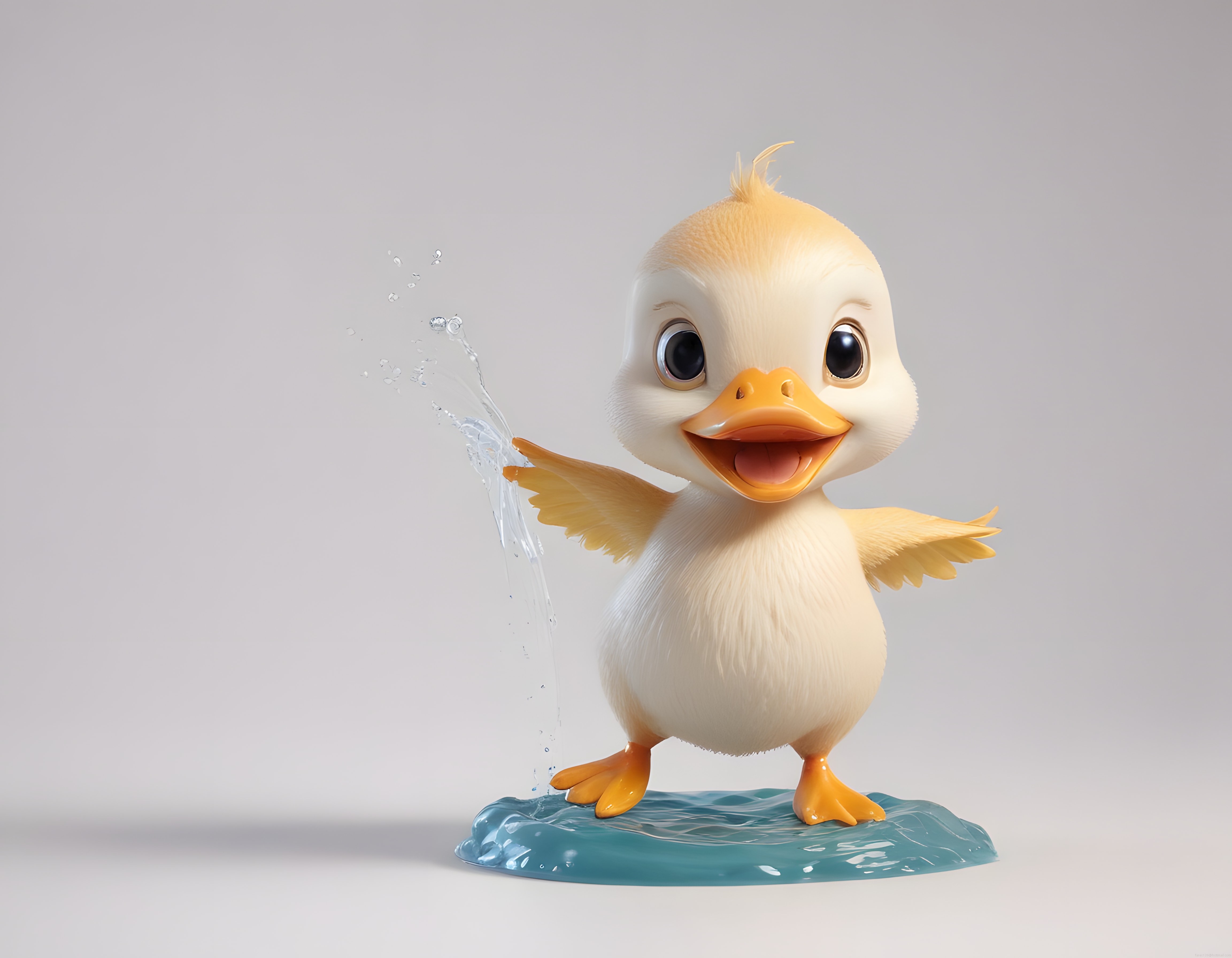 Neşeli 3D Ördek Yavrusu Kanadıyla Suyu Sıçratırken Animasyon Pozu Veriyor