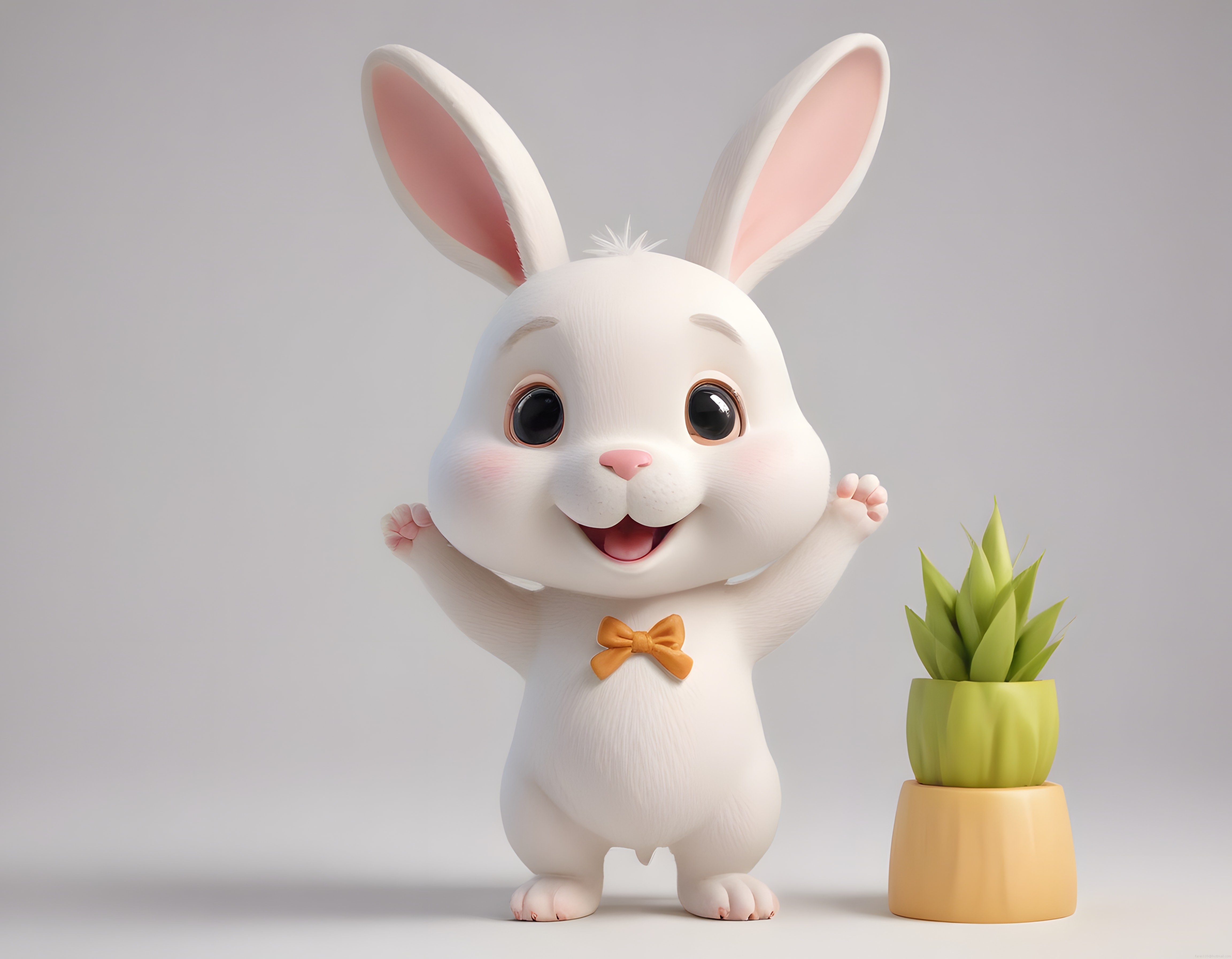 Neşeli 3D Tavşan Karakteri ve Saksılı Bitki ile Sevimli Animasyon