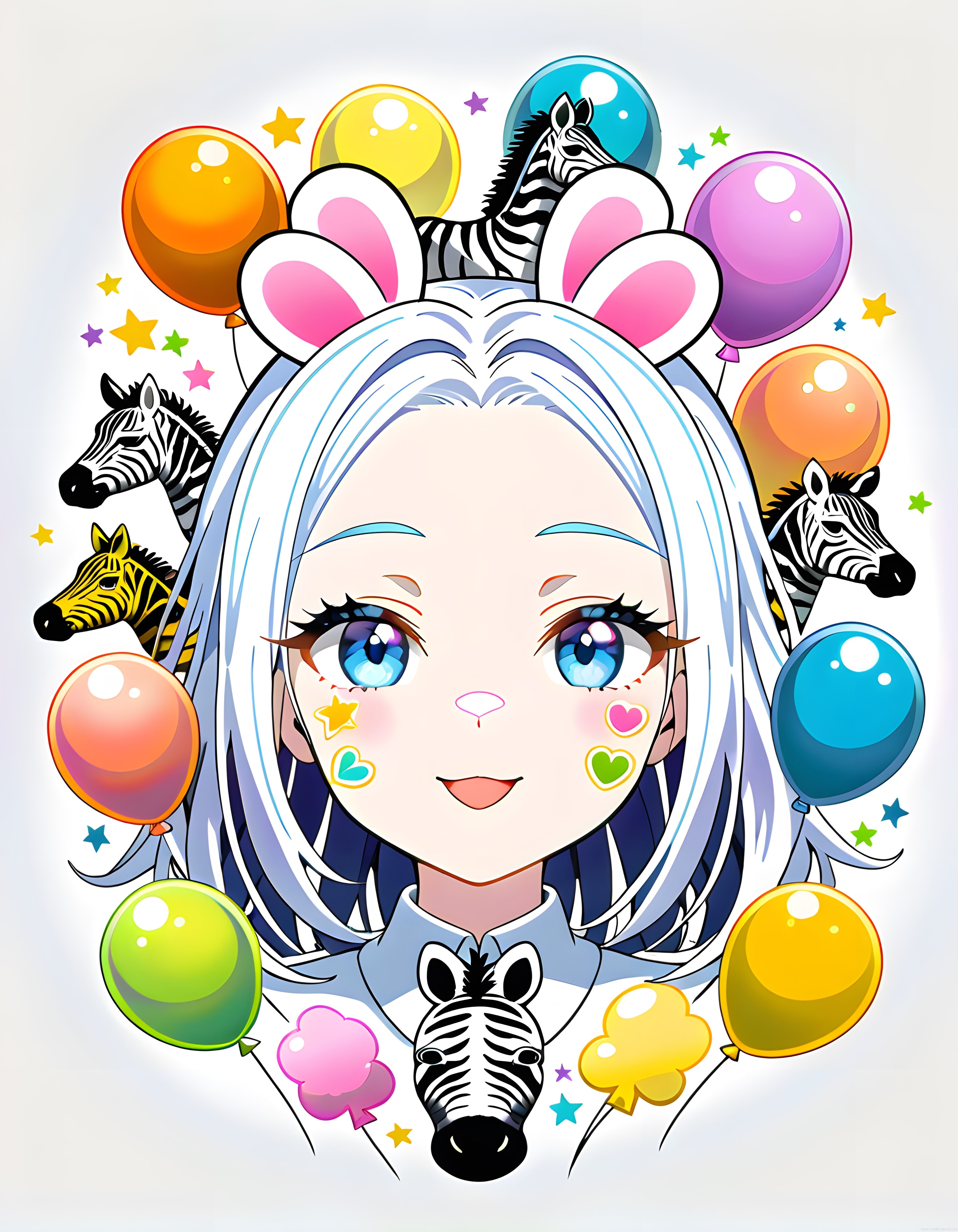 Neşeli Anime Karakter ve Zebra Temalı Renkli Dijital Sanat İllüstrasyonu