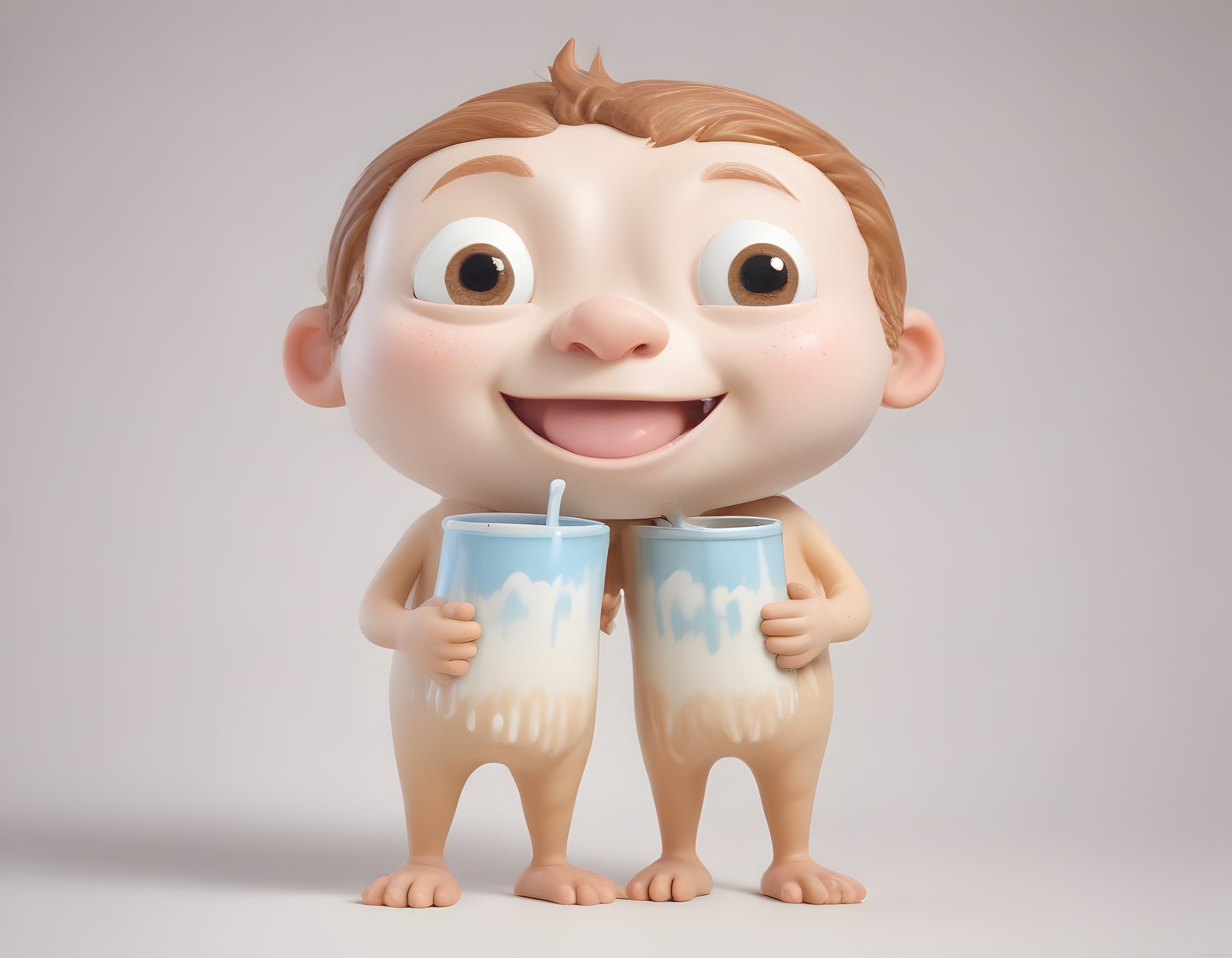 Neşeli Büyük Başlı 3D Animasyon Bebeği İki Bulutlu Mama Kabı Tutuyor