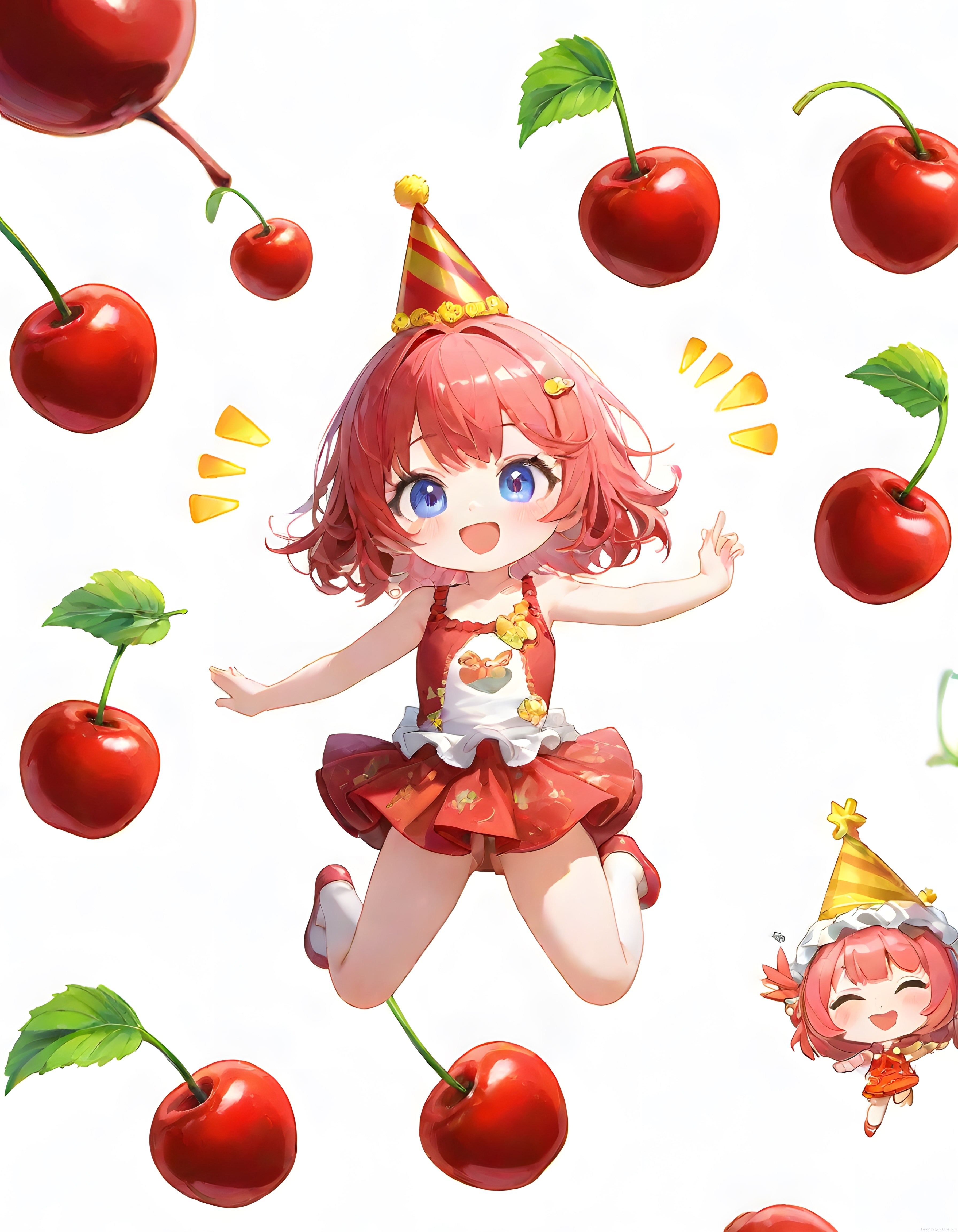 Neşeli Chibi Anime Karakteri ve Parlak Kirazlarla Dolu Eğlenceli Parti Anı