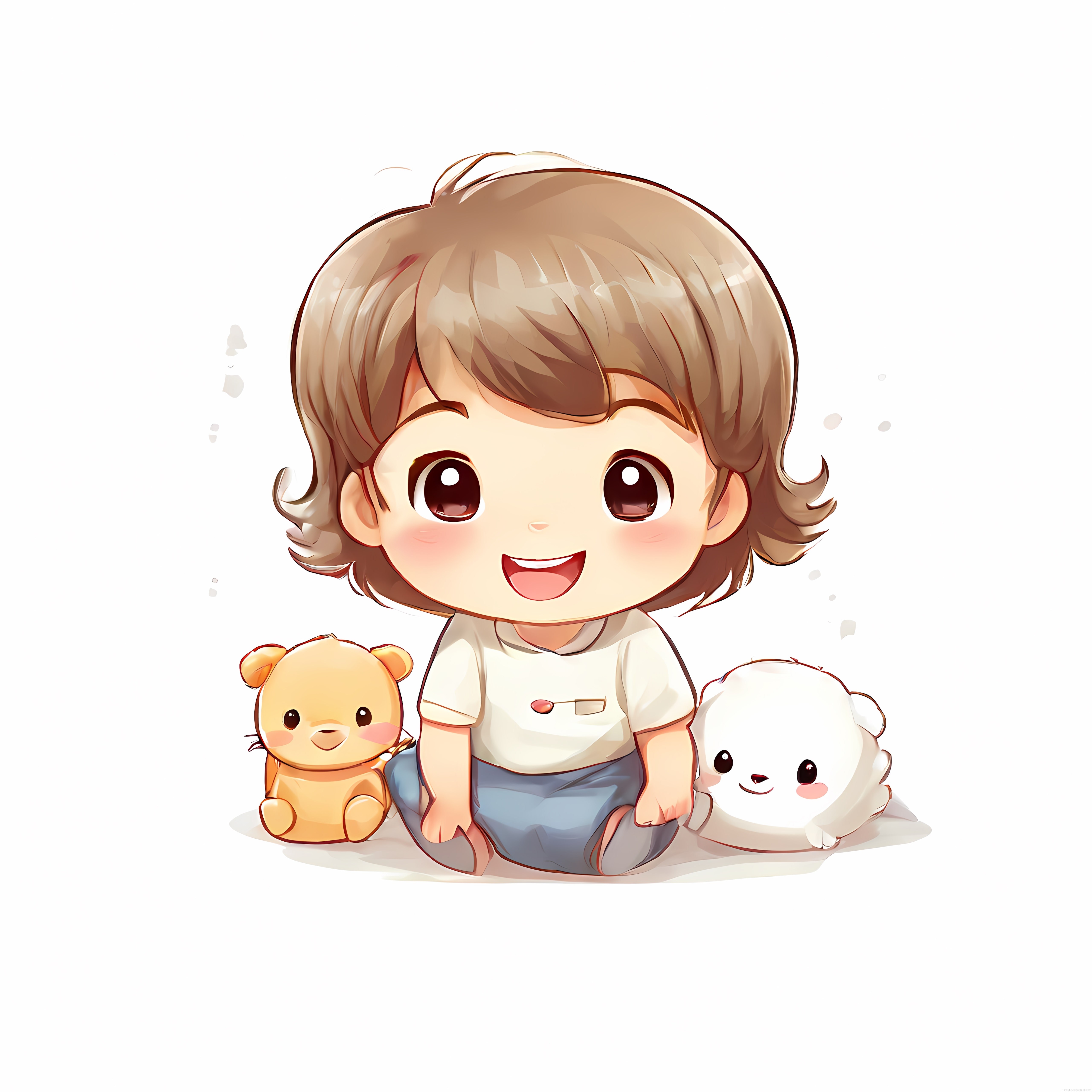 Neşeli Chibi Çocuk Karakteri ve Yanındaki Sevimli Peluş Oyuncak Arkadaşları