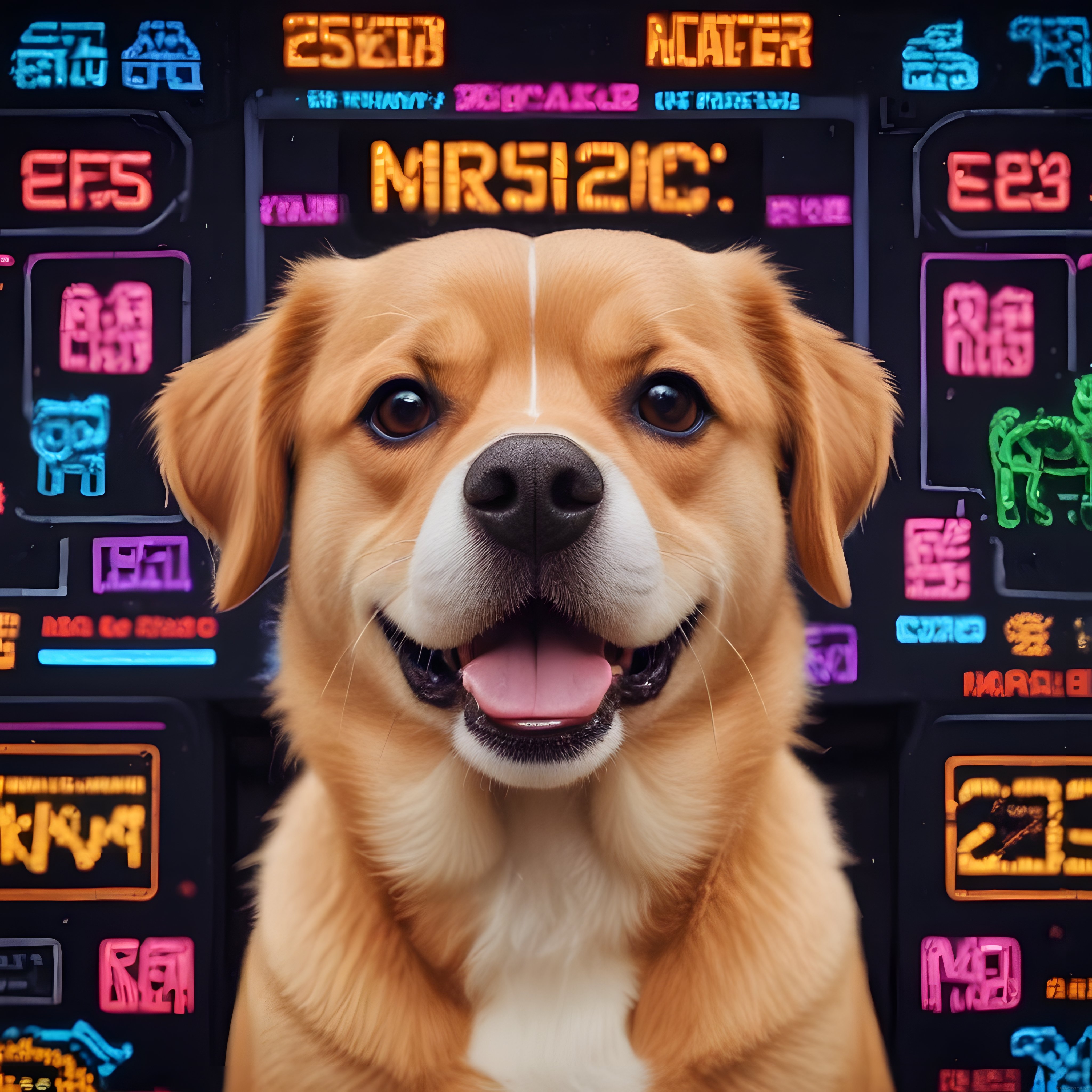 Neşeli golden retriever köpeği retro arcade makineleri önünde yakın çekim portre