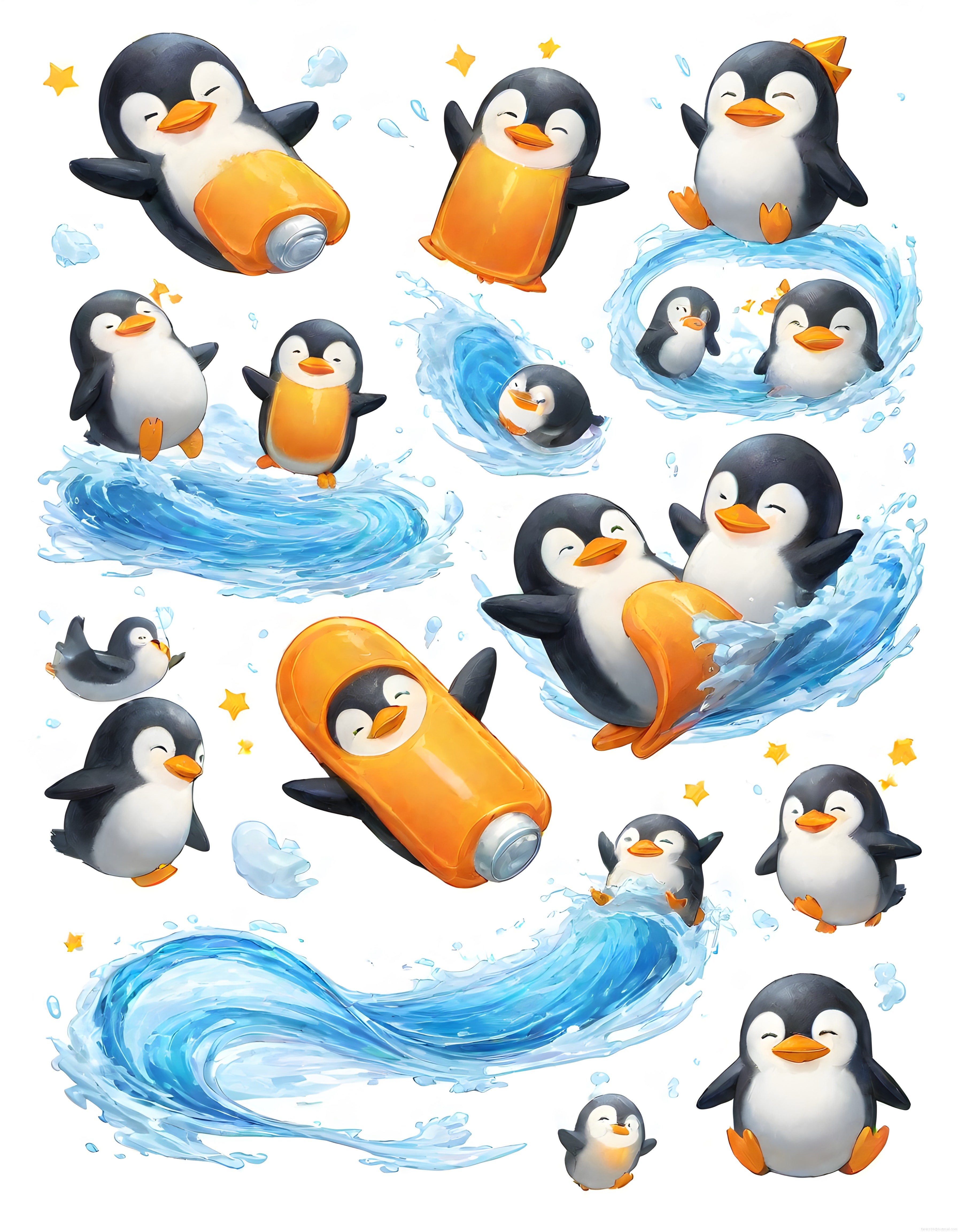 Neşeli Karikatür Penguenlerin Renkli Sörf ve Su Macerası: Yaz Temalı Çizim Seti