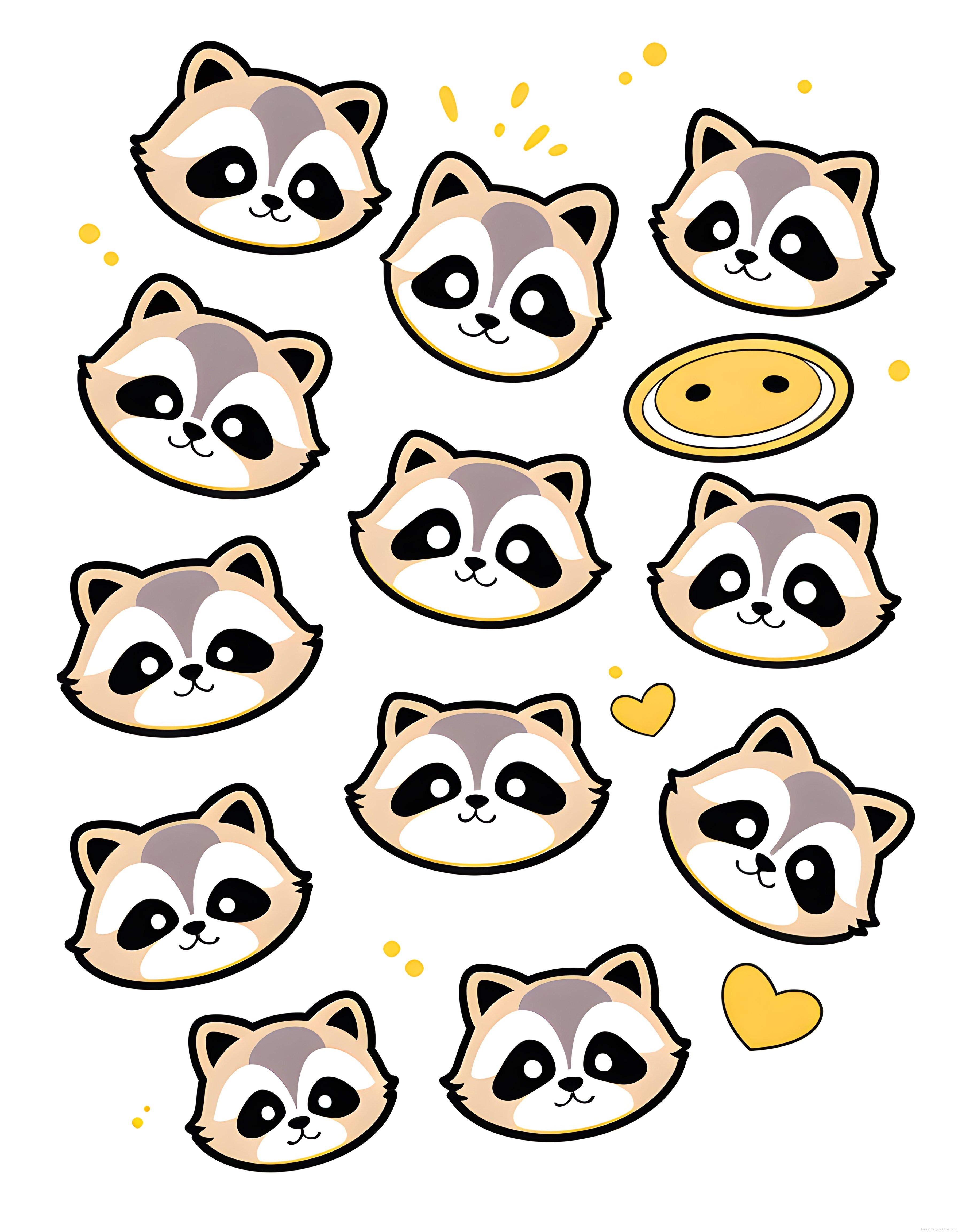 Neşeli Kawaii Rakun Yüzleri ve Sarı Kalpli Sevimli Dijital Sticker Seti