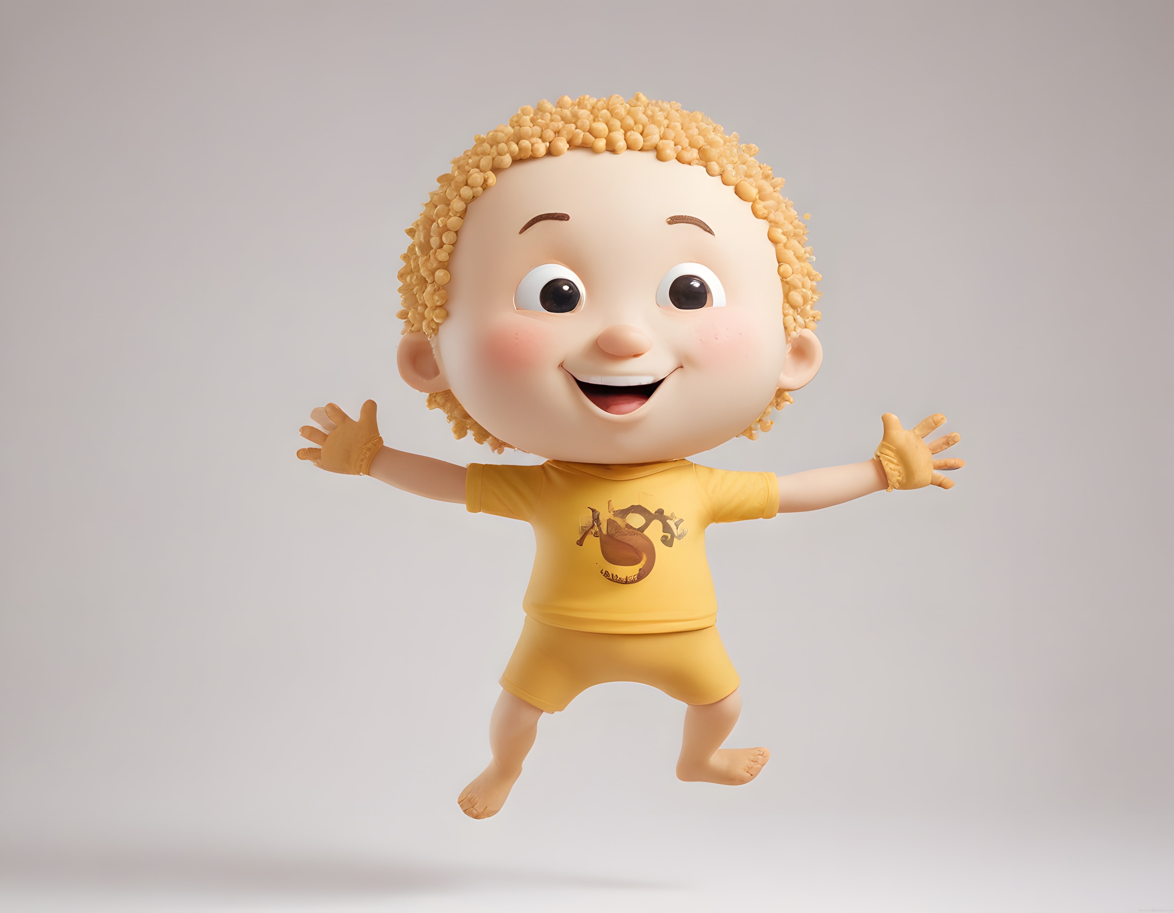 Neşeli Kıvırcık Saçlı 3D Animasyon Bebek Karakteri Sarı Kıyafetiyle Poz Veriyor